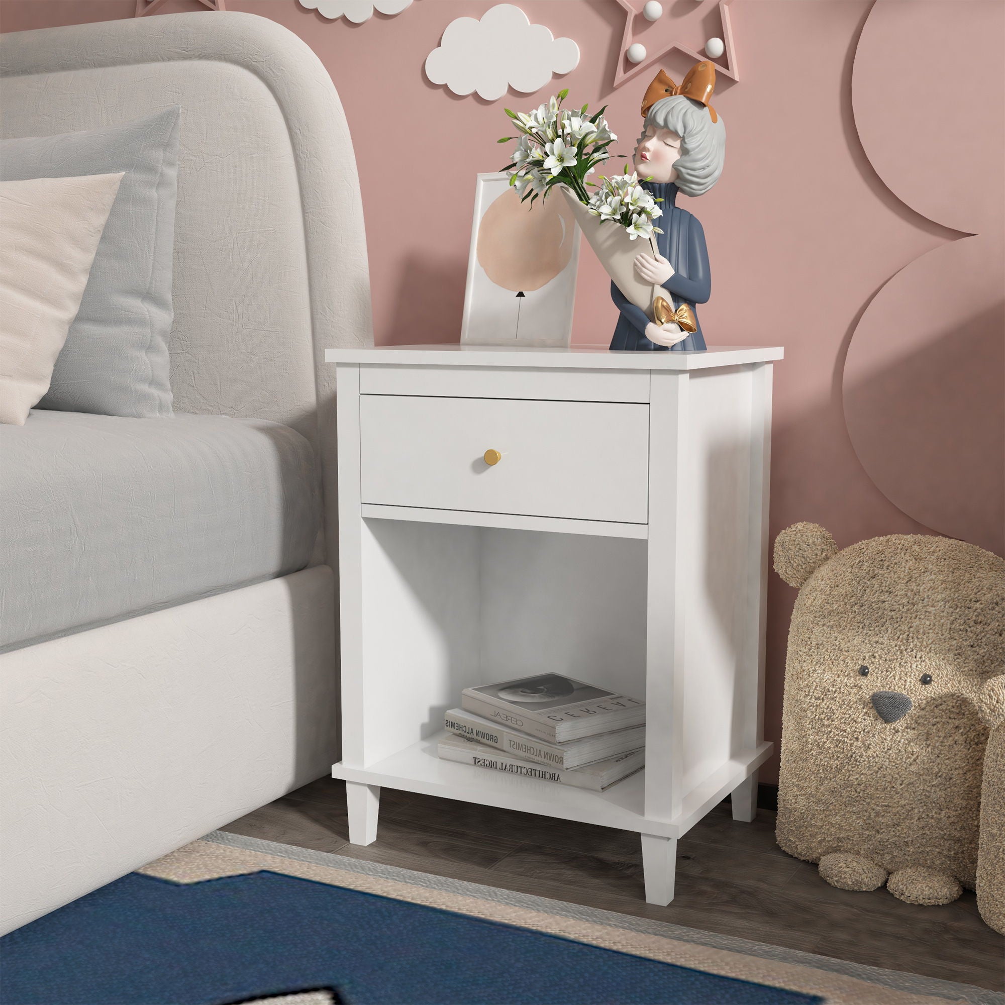 Nightstand & 1 Drawer And 1 Shelf - White