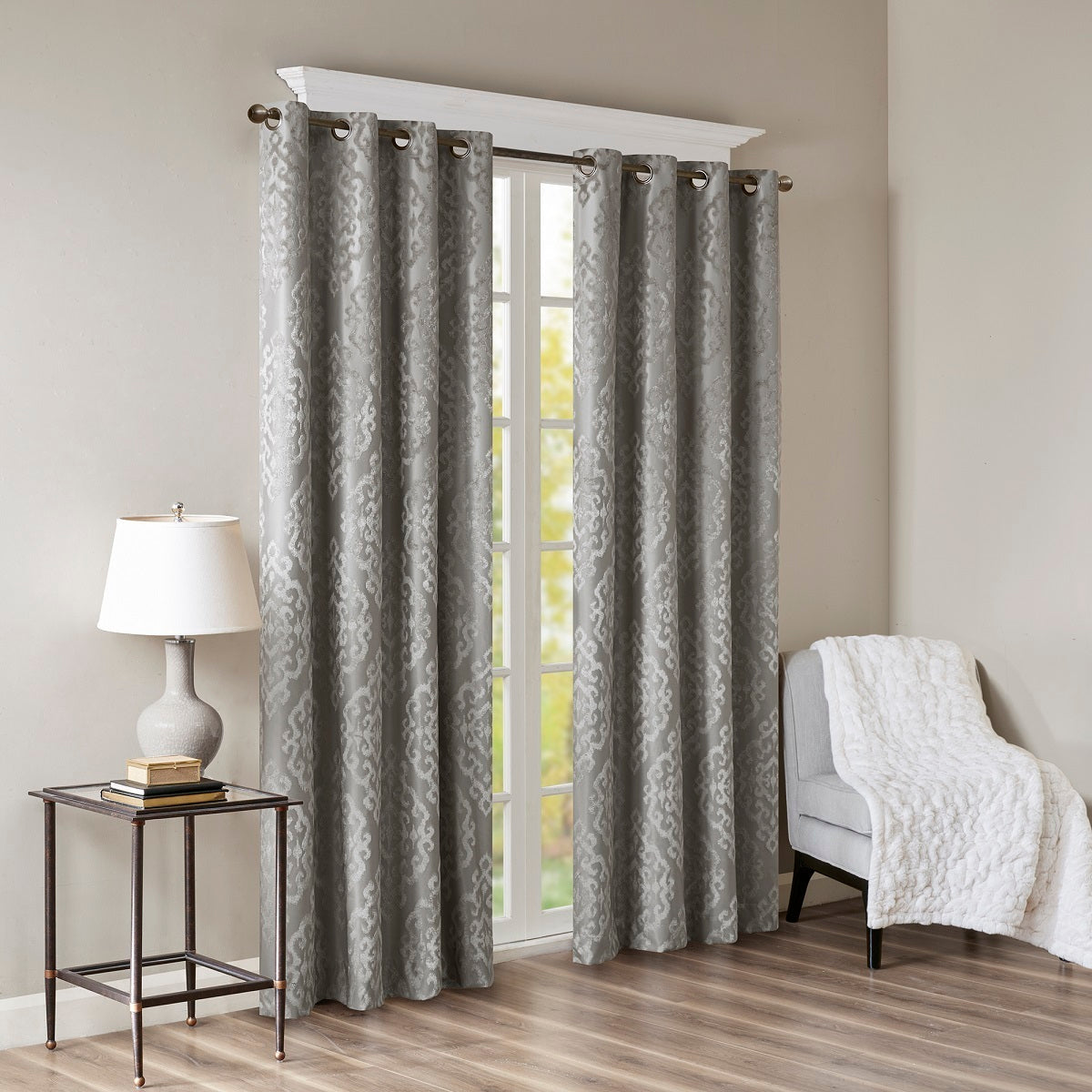 Knitted jacquard damask total blackout grommet top curtain panel (only 1 pc panel)