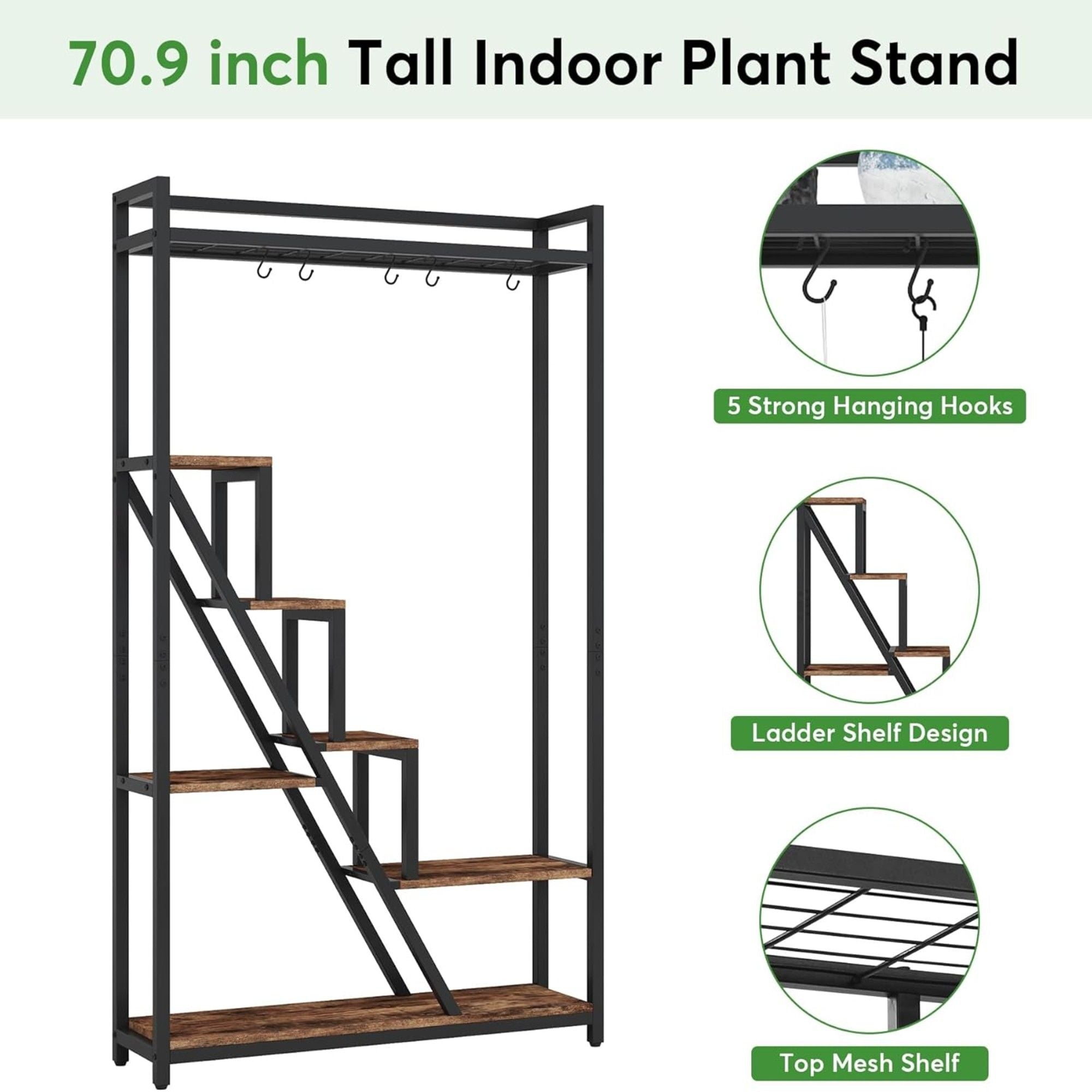 7 Tier Indoor Plant Stand With 5 S-Hooks - Brown / Black