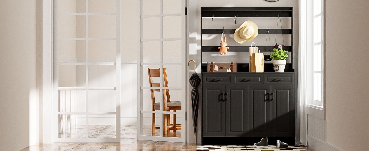 Minimalist 4 Door Shoe Cabinet With Coat Rack, 3 Drawers, 8 Shelves, Metal Hooks And Handles