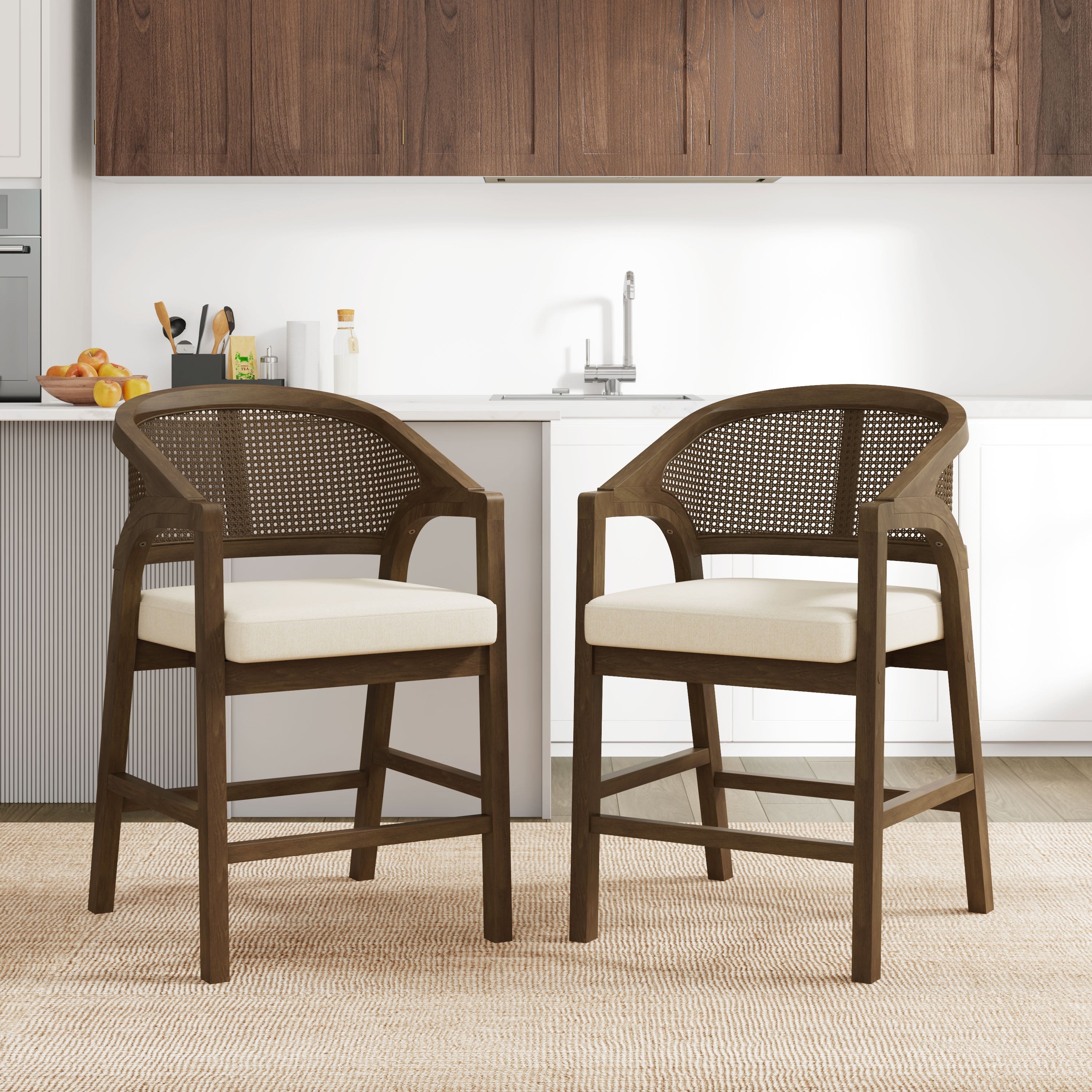 Wooden Frame Counter Stool with Rattan Back - Set of 2