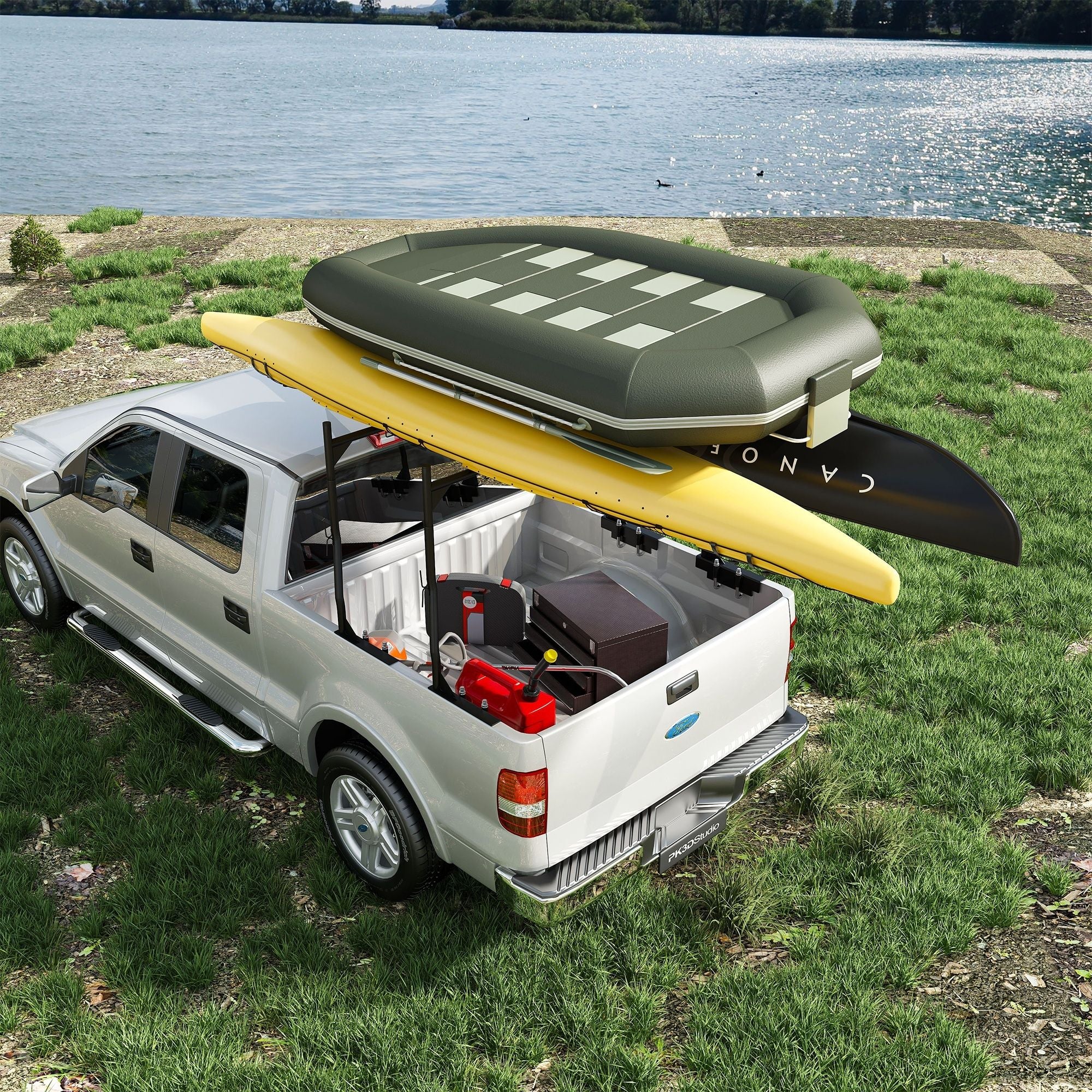 Heavy Duty Universal Truck Bed Ladder Rack, No-Drill Installation, Adjustable - Black