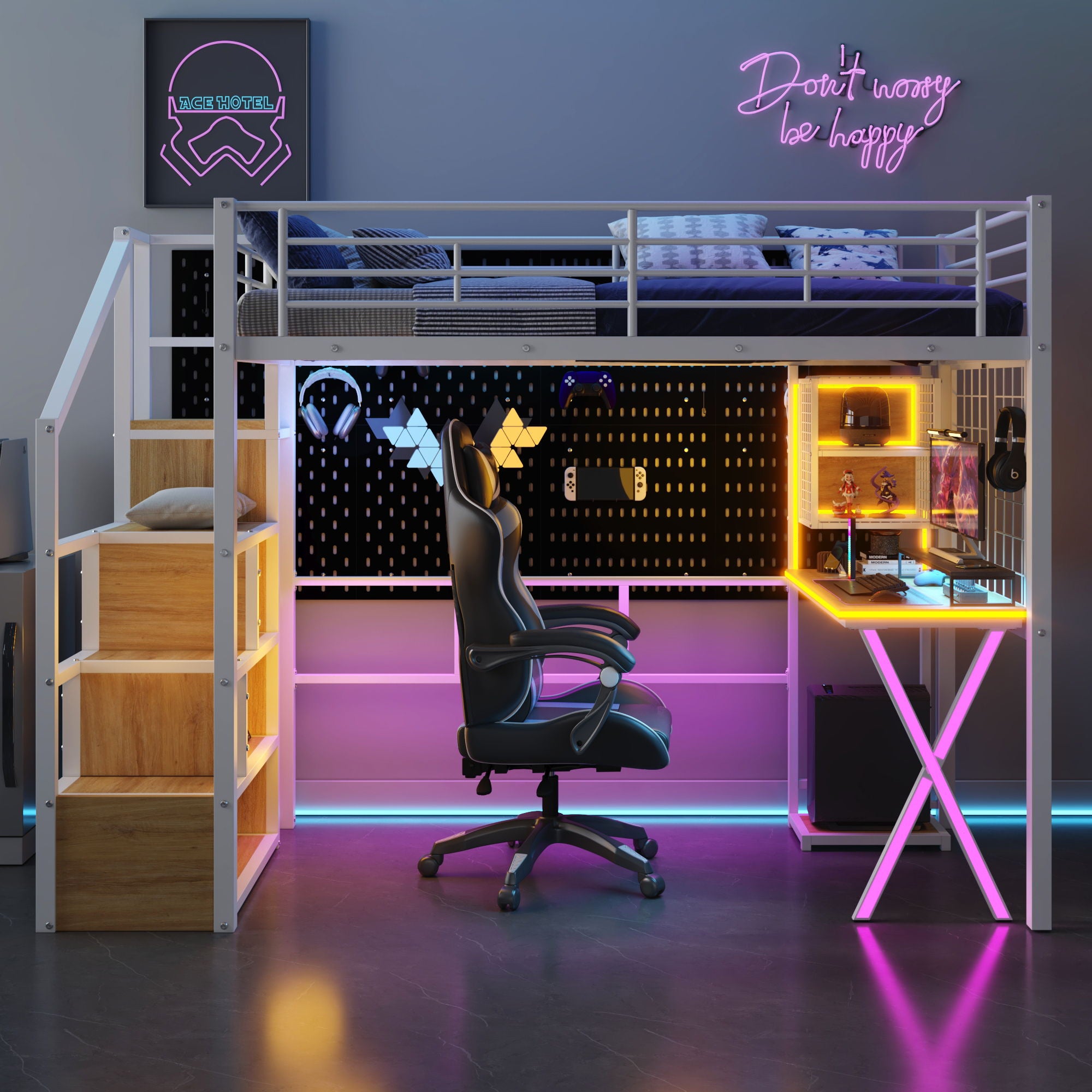 Loft Bed With Built In Work Station, Wardrobe, Storage Staircase And LED