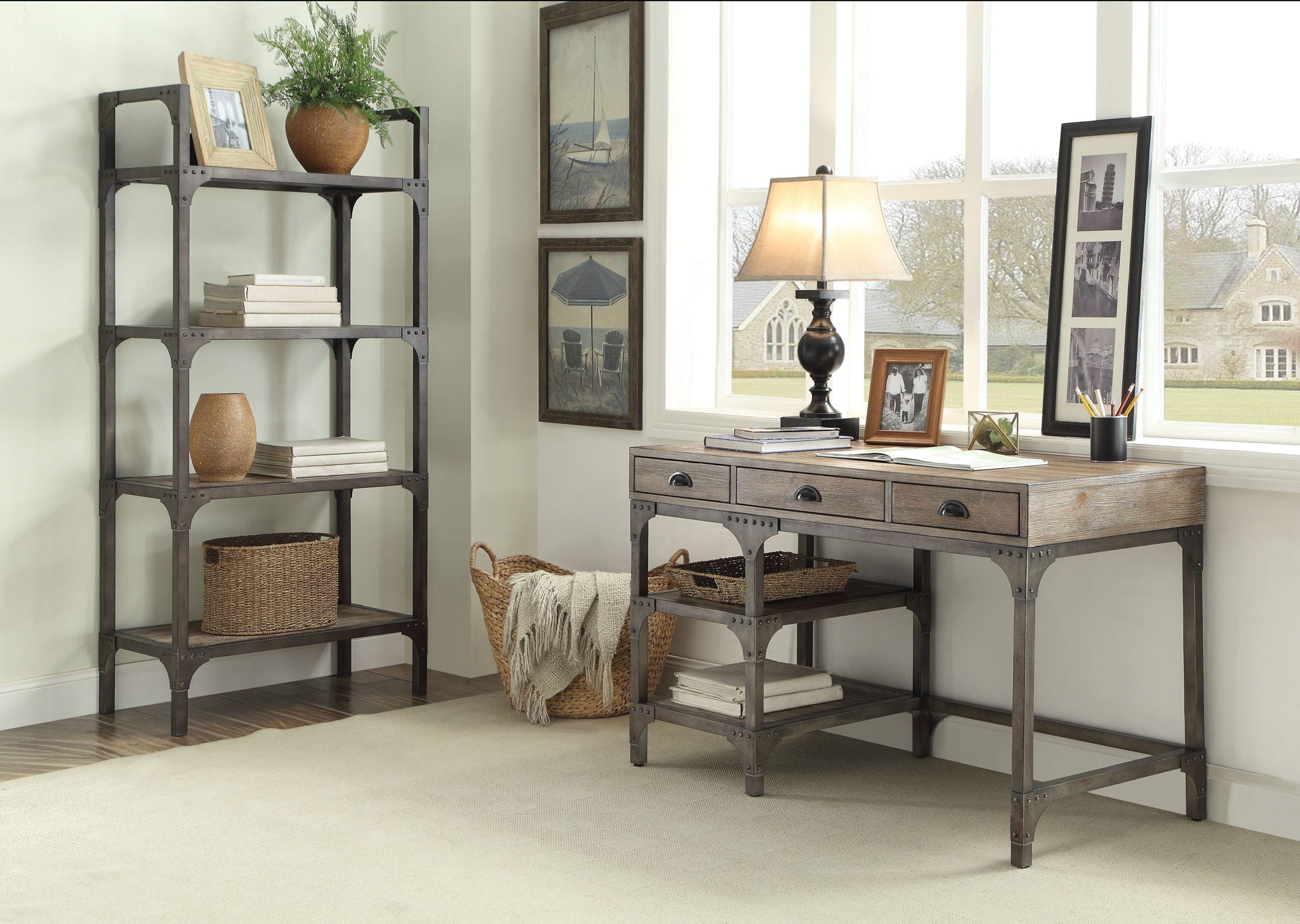 Gorden - Weathered Antique Metal Writing Desk - Oak - Best Buy Furniture