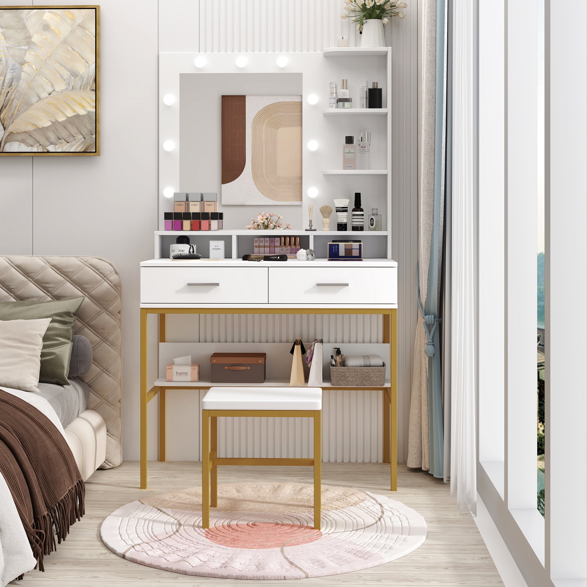 Mabel White Modern Makeup Vanity With LED Mirror & Stool Set