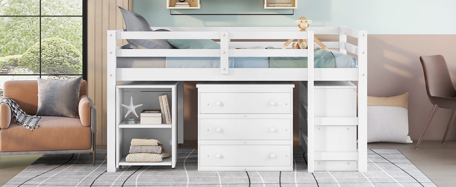 Loft Low Study Bed With Cabinet, Shelves And Rolling Portable Desk, Multiple Functions
