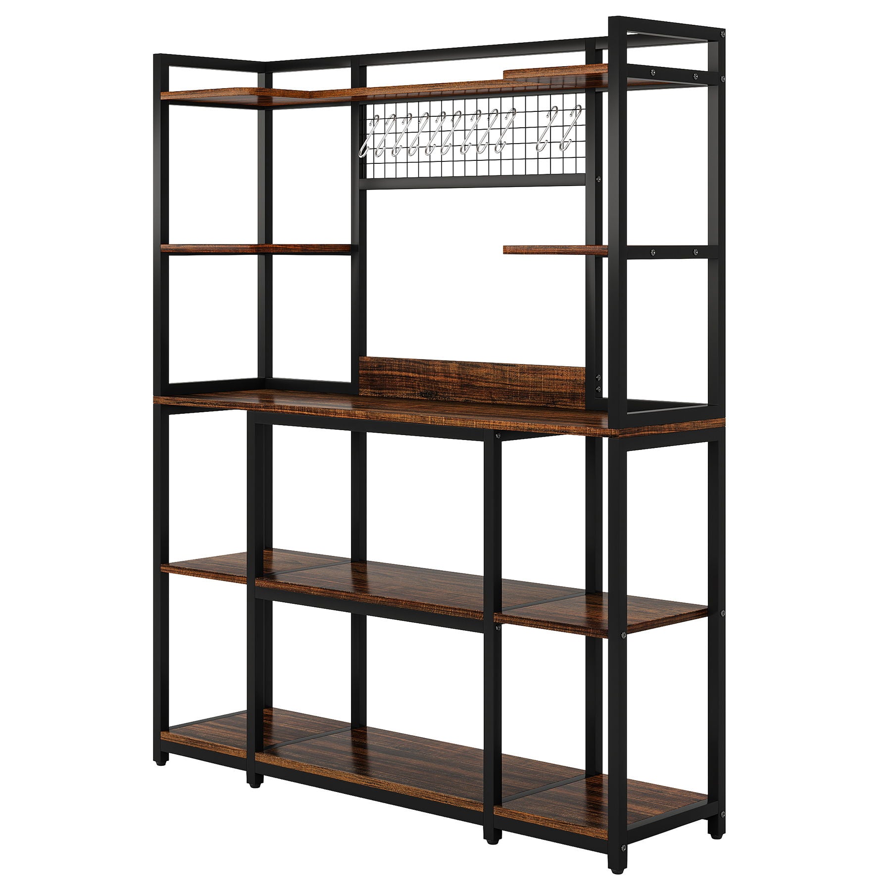 Baker's Rack With Hutch, 5 Tier Kitchen Storage Shelf, Freestanding Utility Pantry Organizer With Hooks And Microwave Stand - Black