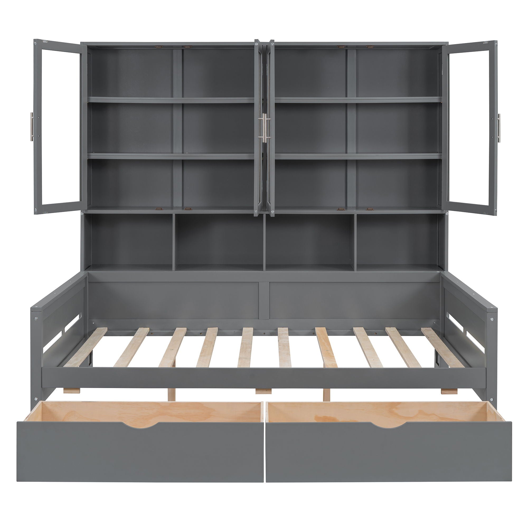 Daybed With Glass Door Storage Cabinets, Built In LED Lighting And Shelves