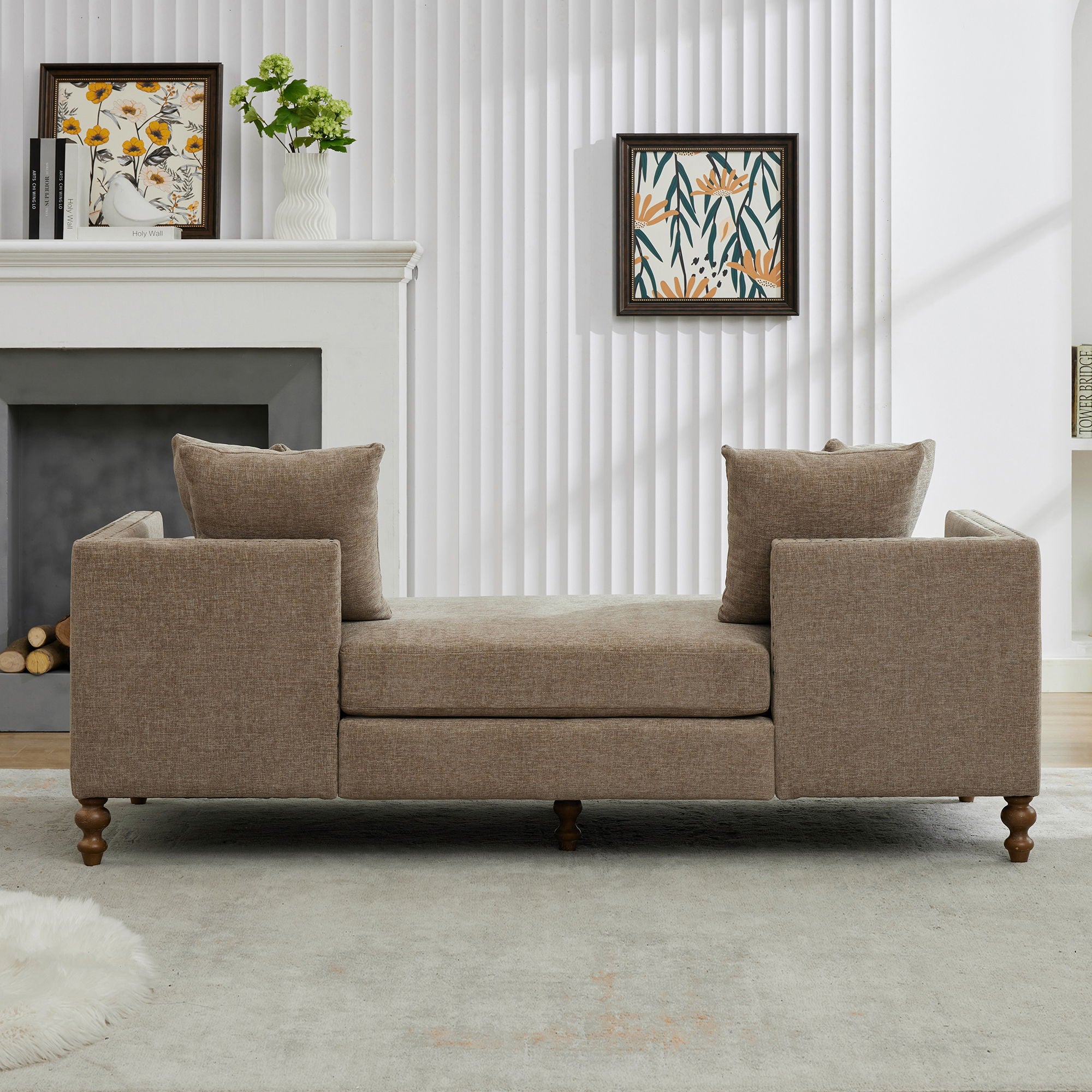 Upholstered Chaise Lounge Indoor With Nailheads, Sleeper Sofa Couch With 4 Throw Pillows & 2 Bolsters, Daybed With Rubberwood Legs