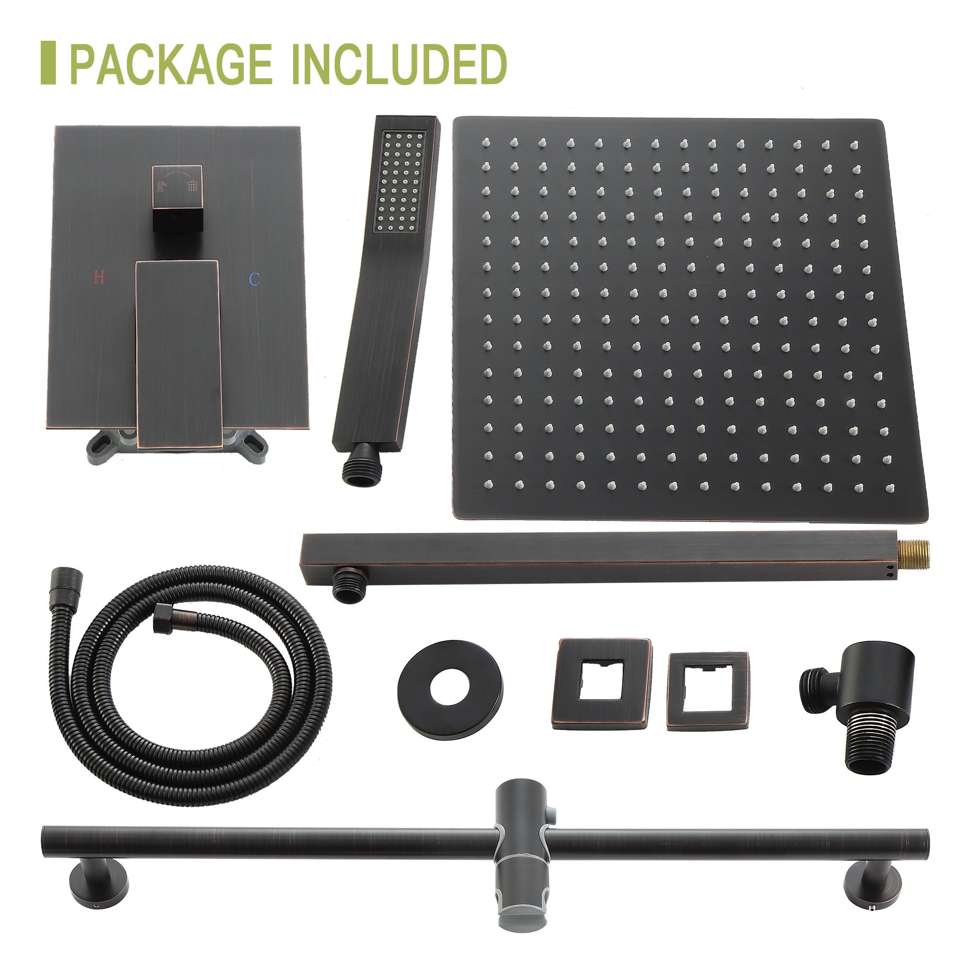 Wall Mounted Square Shower System With Adjustable Slide Bar, 12" Rainfall Shower Head - Oil-Rubbed Bronze