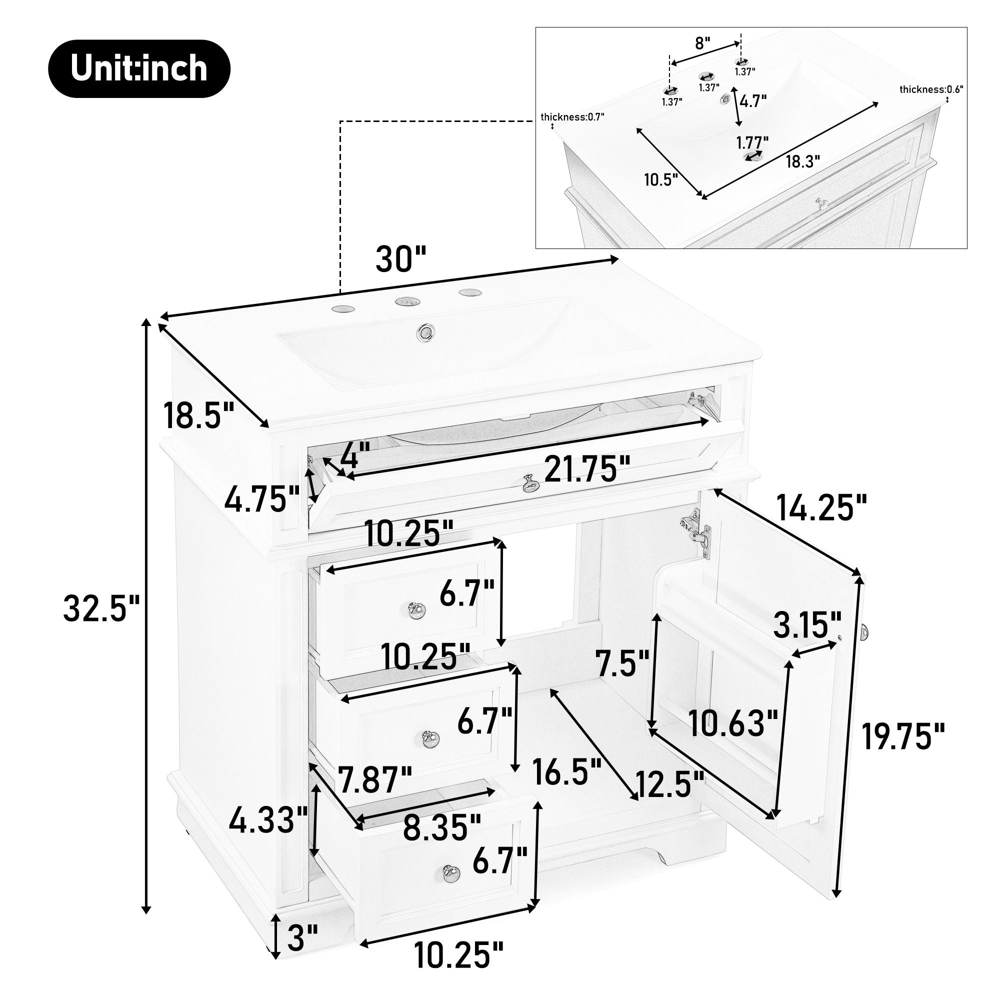 Freestanding Bathroom Vanity With Sink, Soft Closing Door, Tip Out Drawer
