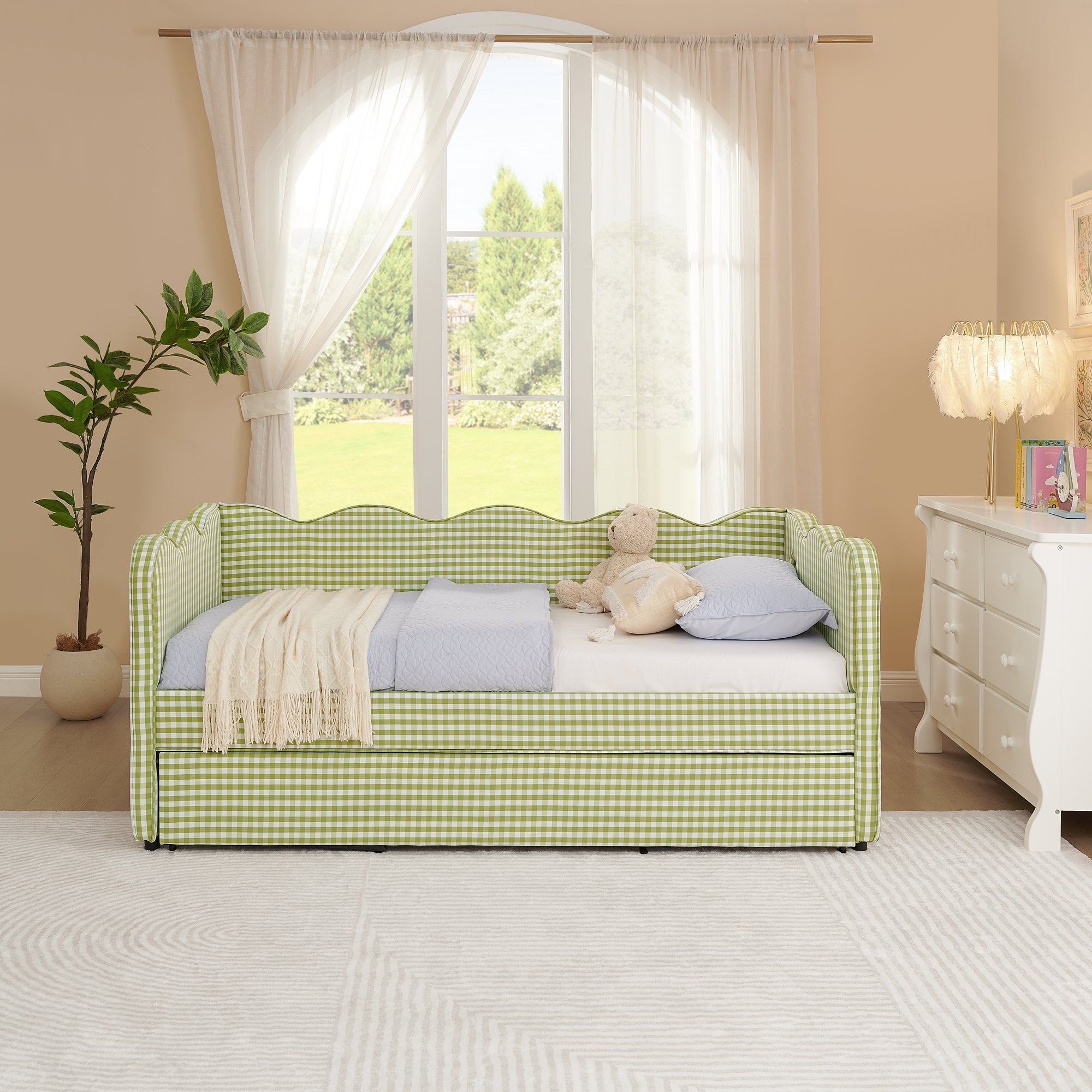 Cozy Gingham Daybed with Trundle Twin Size Sofa Bed