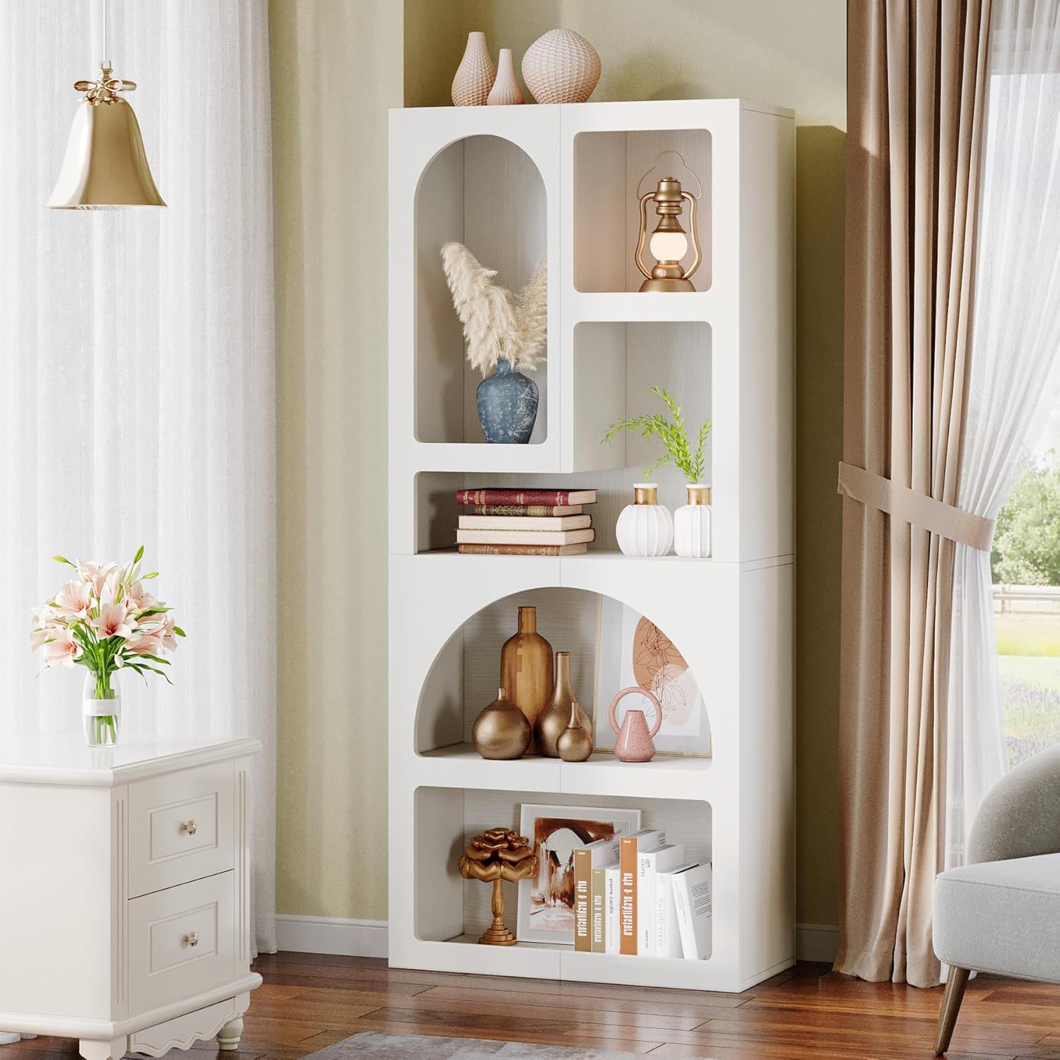 Geometric Arched 5 Shelf Art Display Bookcase For Living Room - White