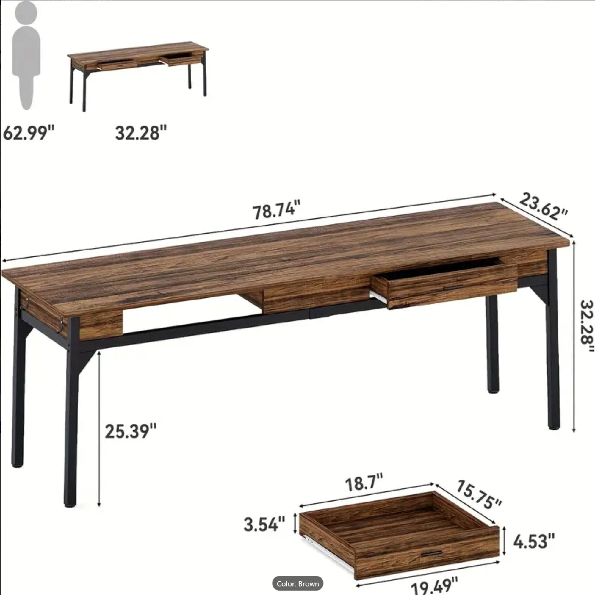 Double Office Desk For 2 With Frame, Long Workstation With 2 Drawers And Hooks - Brown / Black