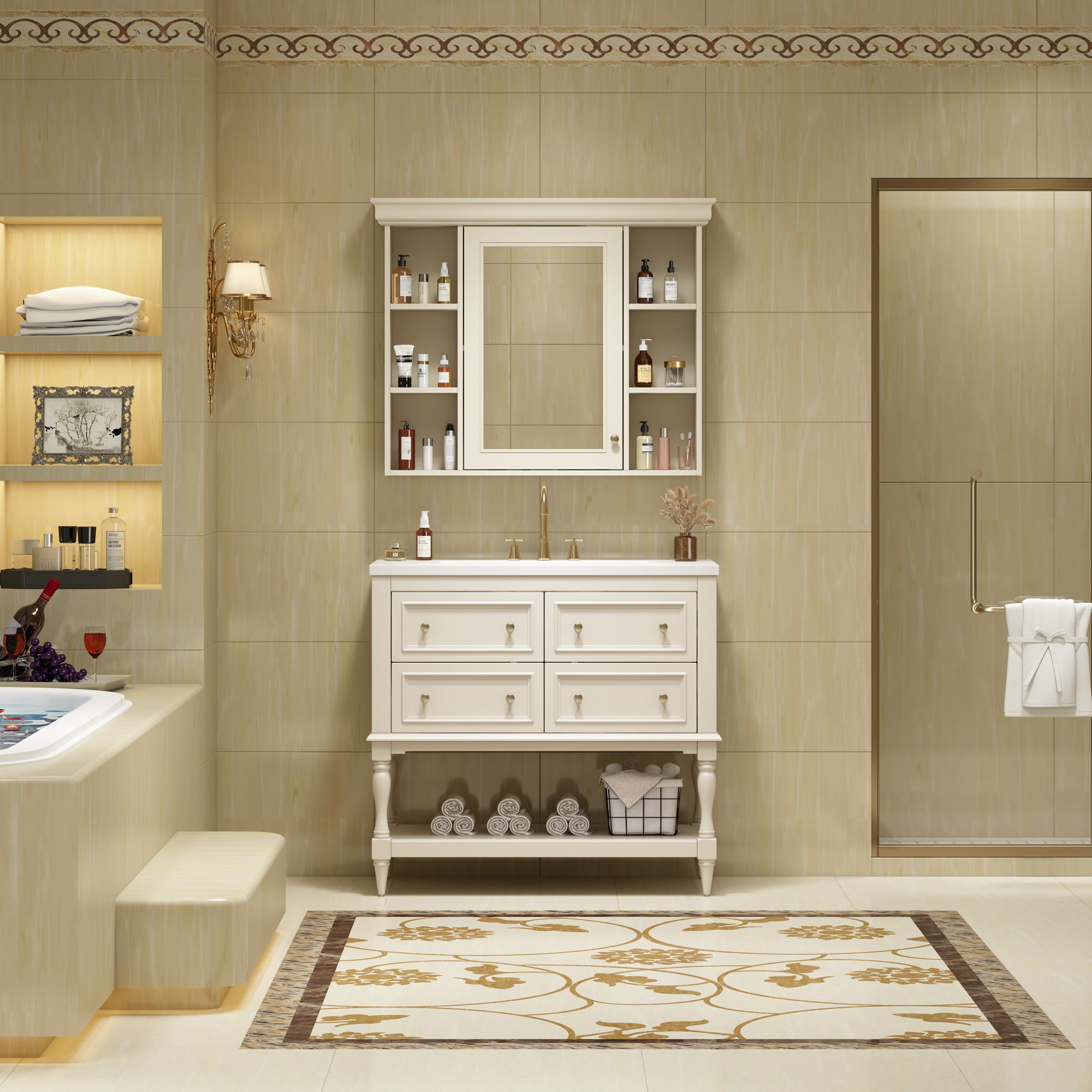 Bathroom Vanity With Medicine Cabinet, Storage Cabinet With 4 Drawers, Adjustable Shelf Mirror