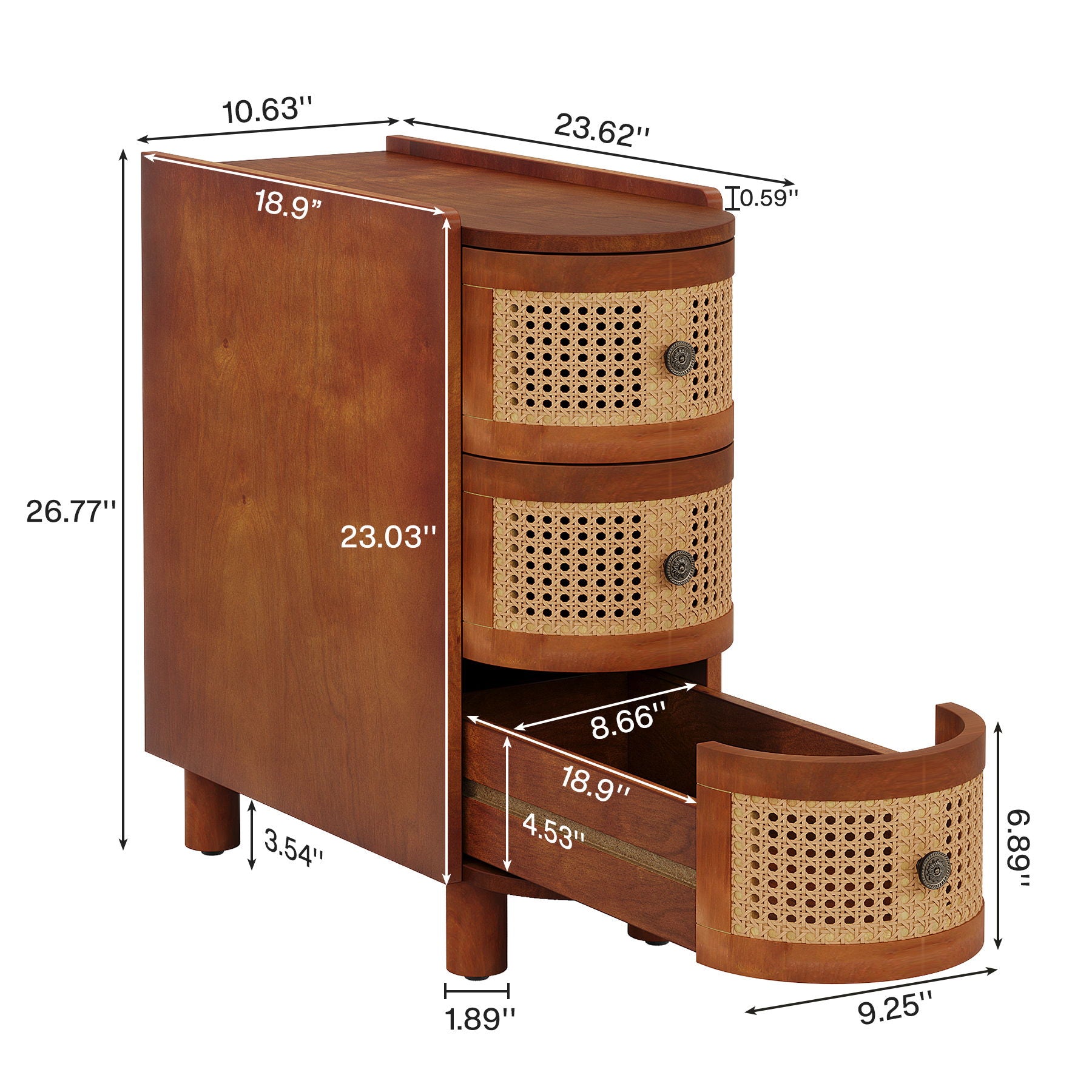 Narrow 3 Drawer End Table, Compact Nightstand For Living Room - Brown Oak