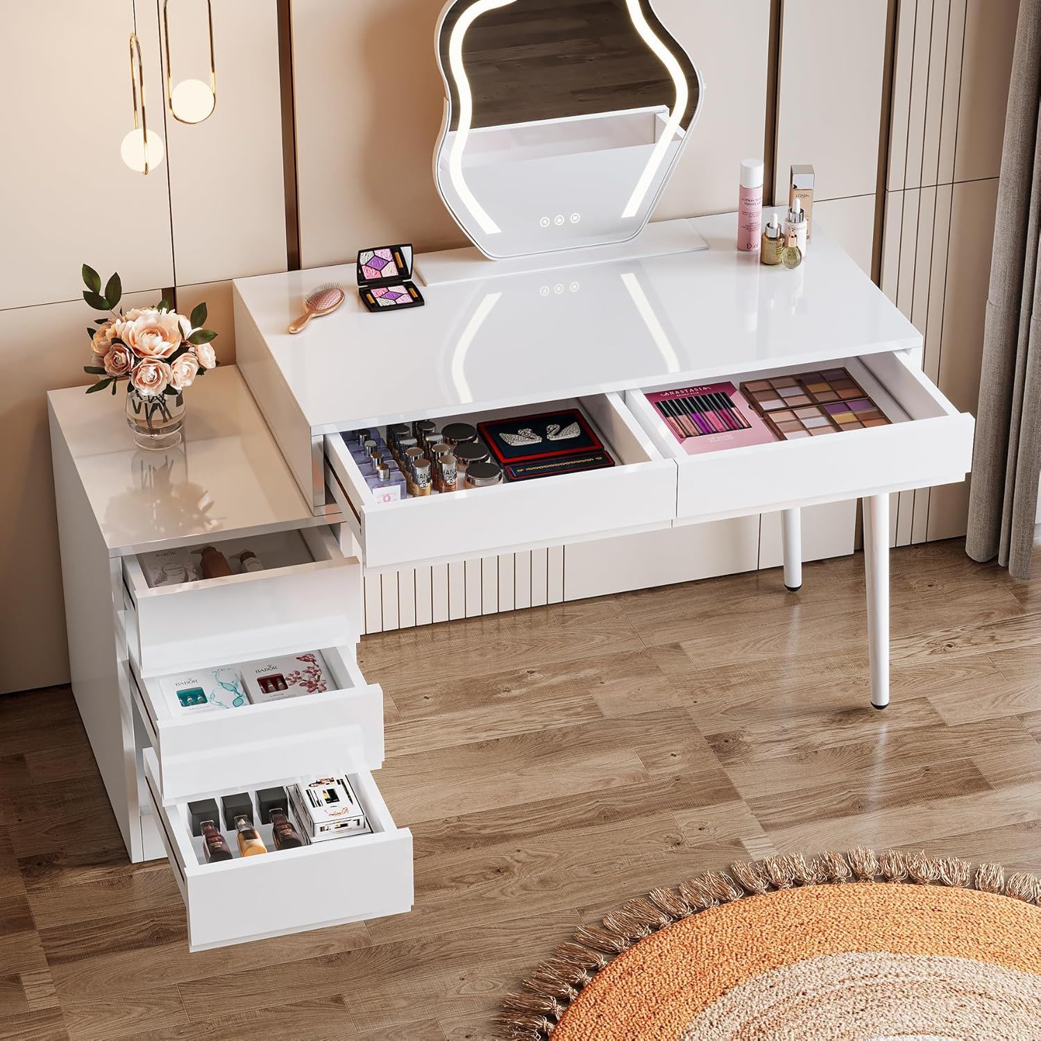 Glossy Desk With 5 Drawers & Printer Stand, Reversible Home Office Computer And Vanity Table For Small Spaces - White