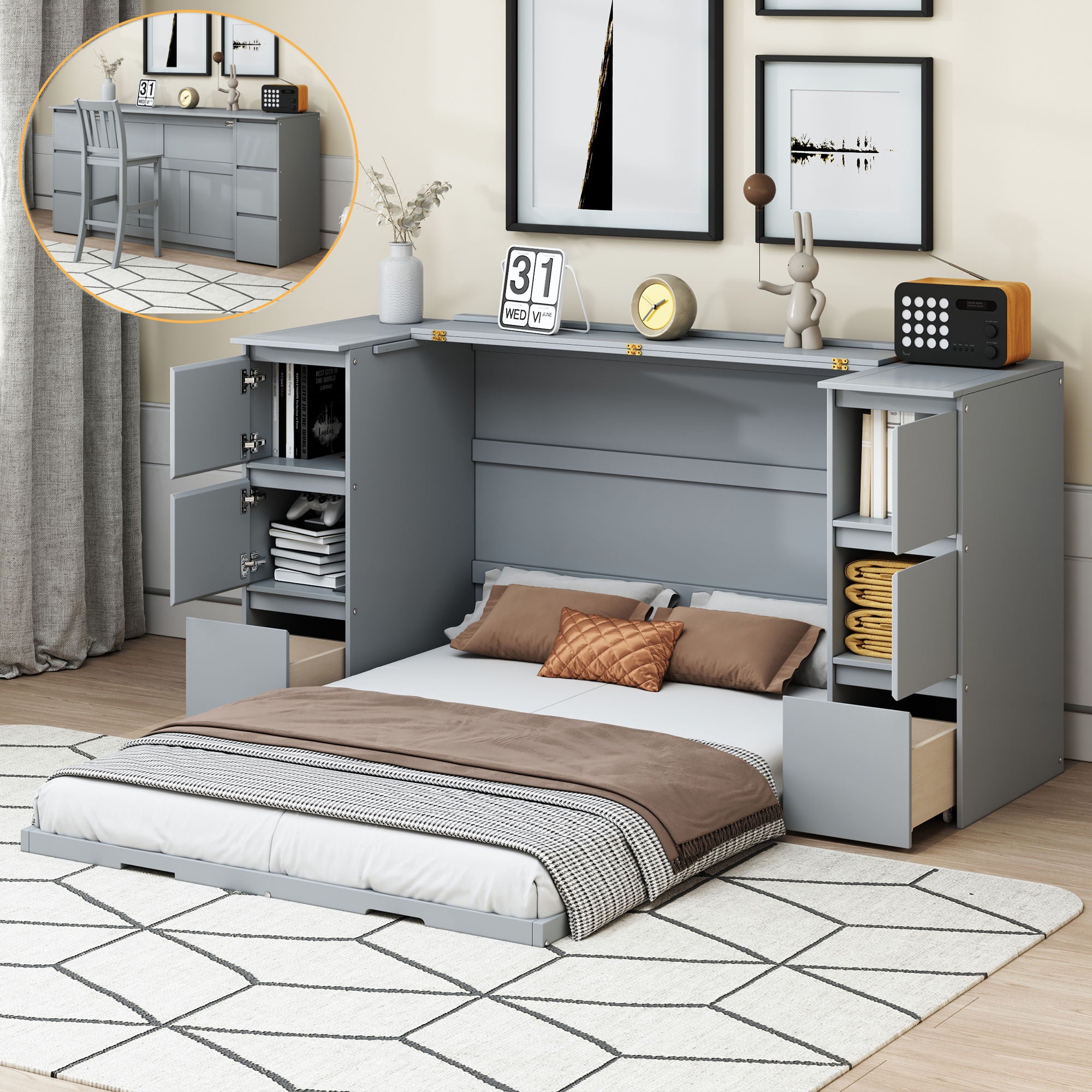 Murphy Bed With Drawers, Cabinets, And USB Ports