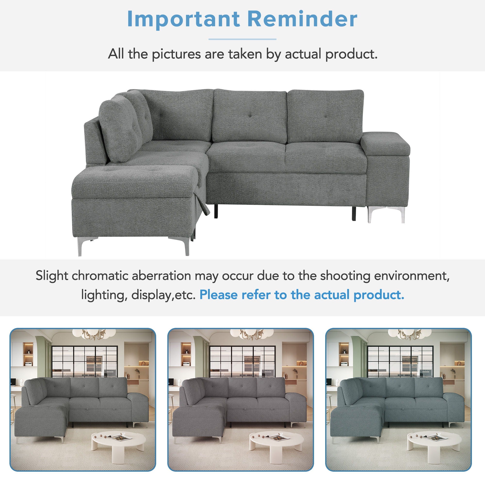 Versatile L Shaped Sofa Bed With Storage, Cup Holders, USB Ports Chenille