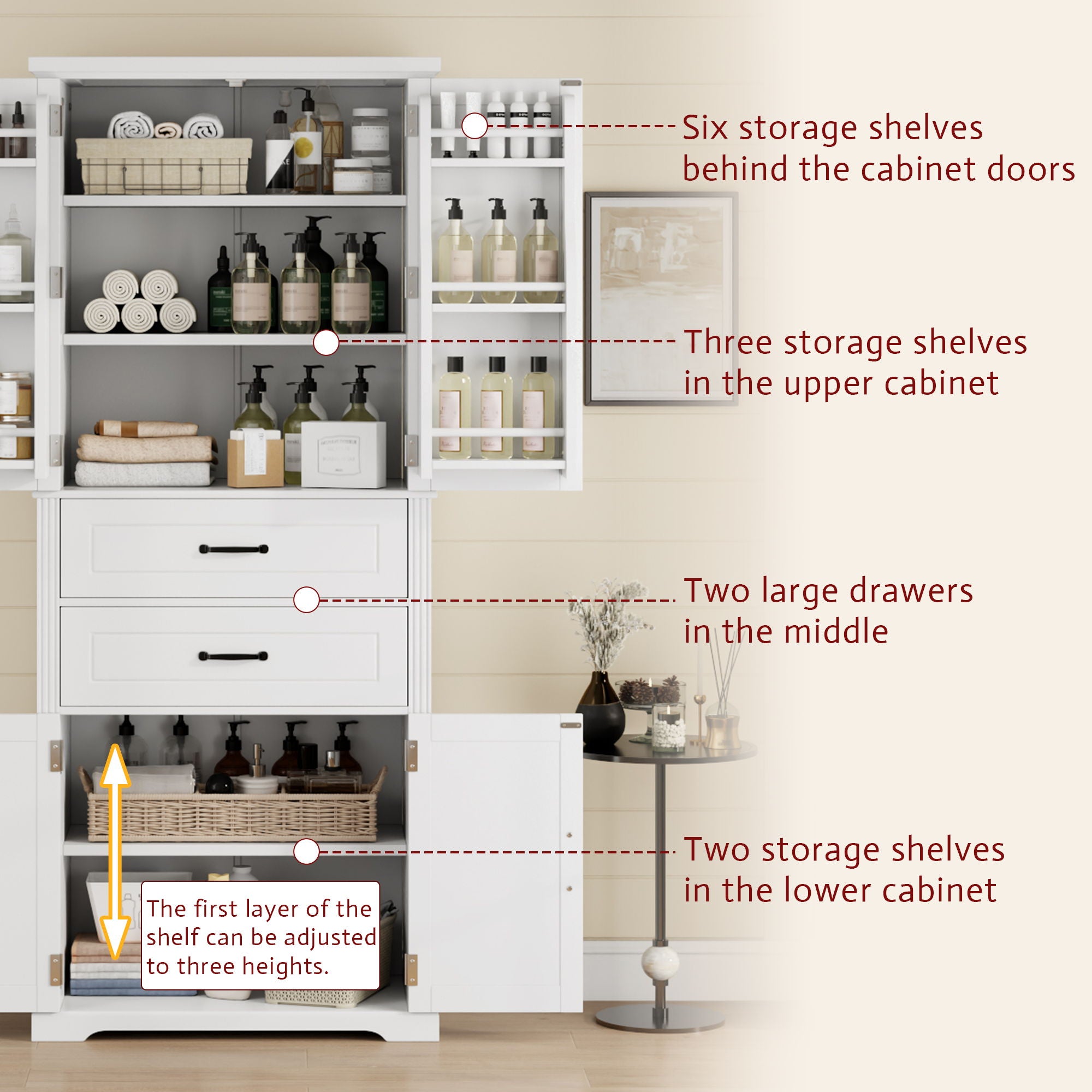 Multi Functional Storage Cabinet With Adjustable Shelves, 2 Drawers, Door Shelves