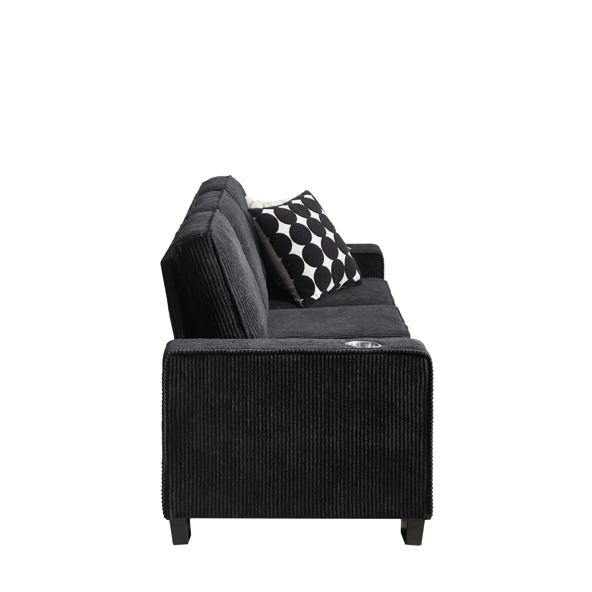 Modern Corduroy Fabric Sofa, 3 Seater Compressed Couch With Cup Holders