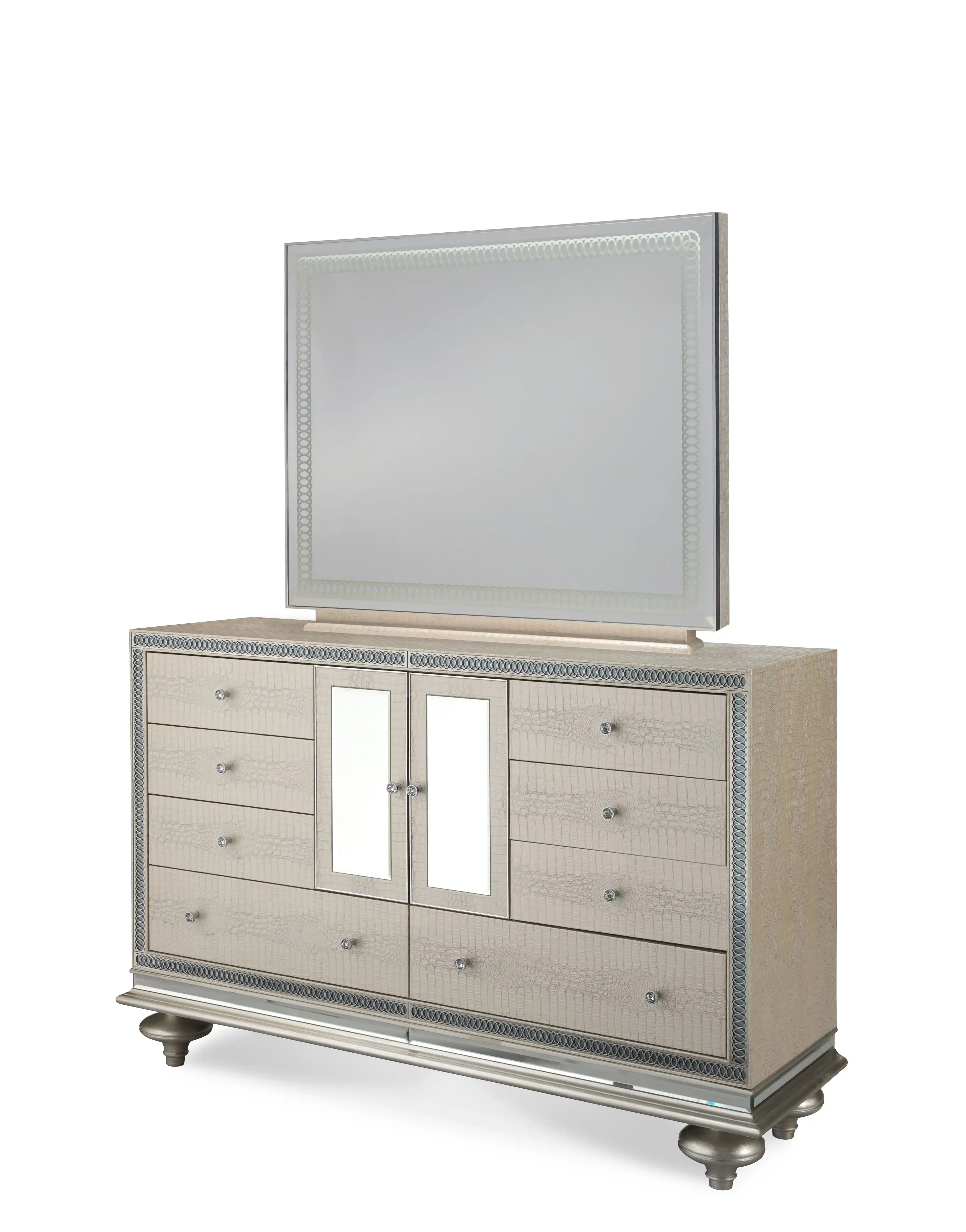 Hollywood Swank - Upholstered Dresser With Mirror - Crystal Croc