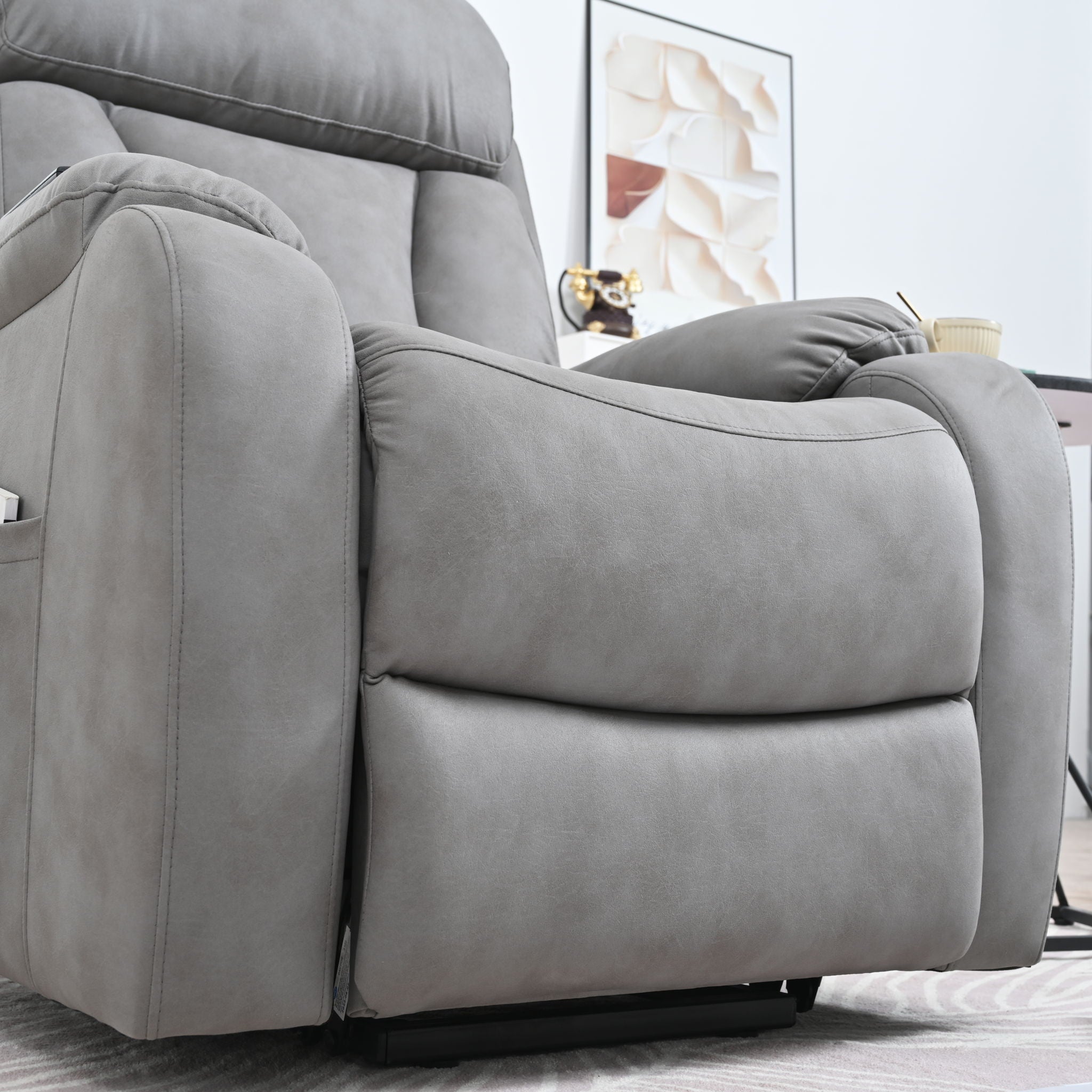 Electric Power Lift Recliner Chair, Fabric Recliner Chair, Home Theater Seating, Living Room Chair, Side Pocket, Remote Control - Light Gray