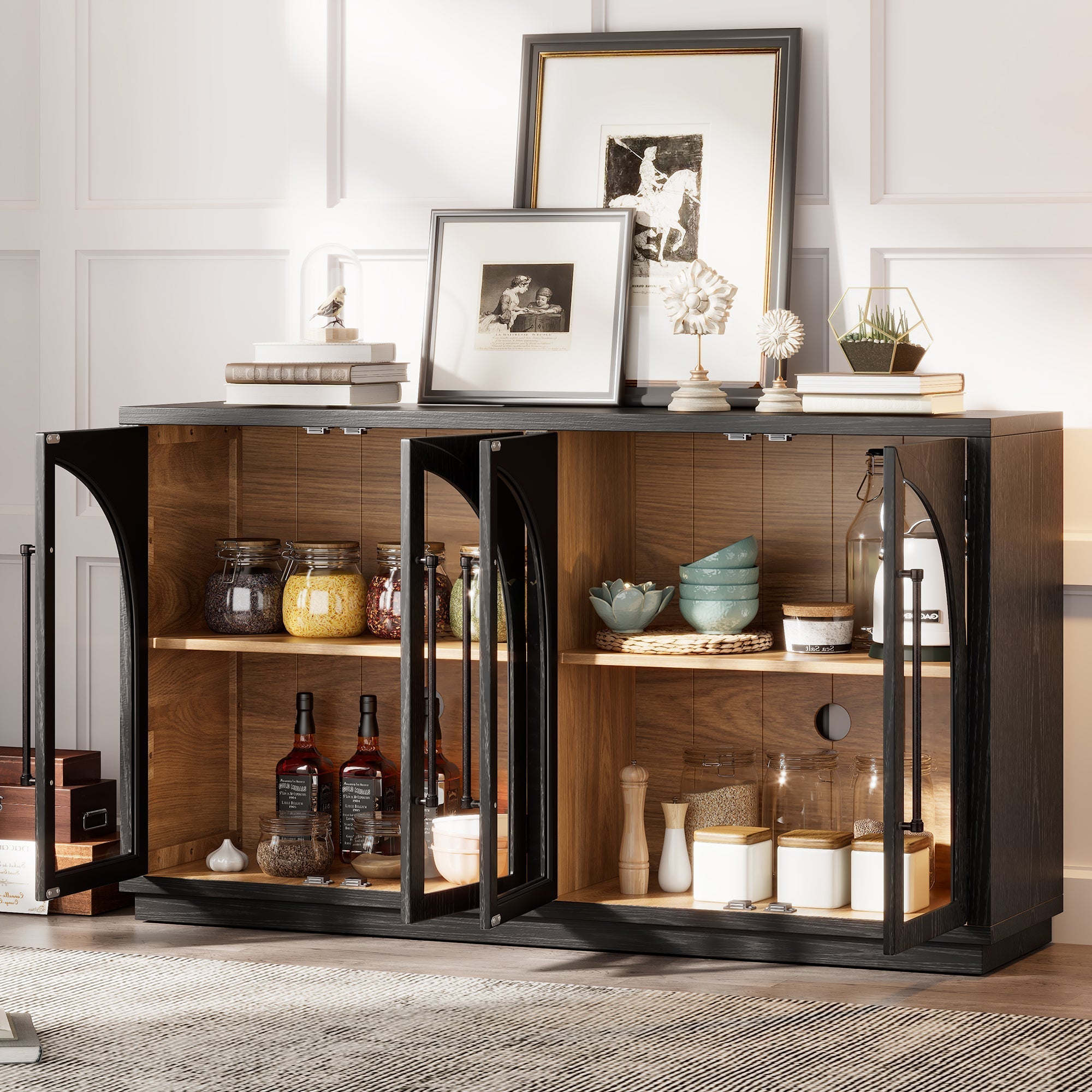4-Door Large Storage Sideboard Buffet Cabinet with Glass Doors Arched Cabinet (Black)
