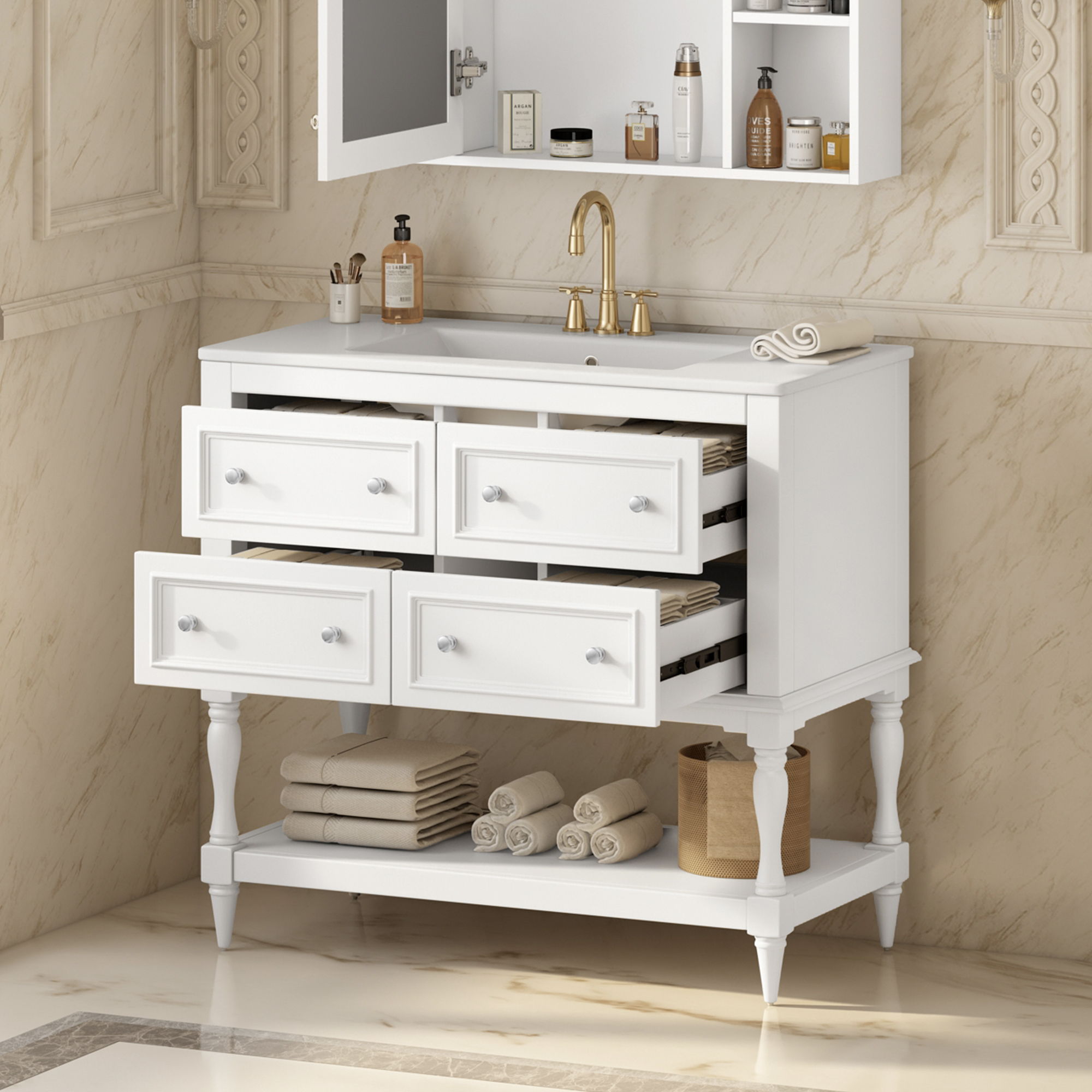 Bathroom Vanity Cabinet With Undermount Sink, 4 Drawer Set