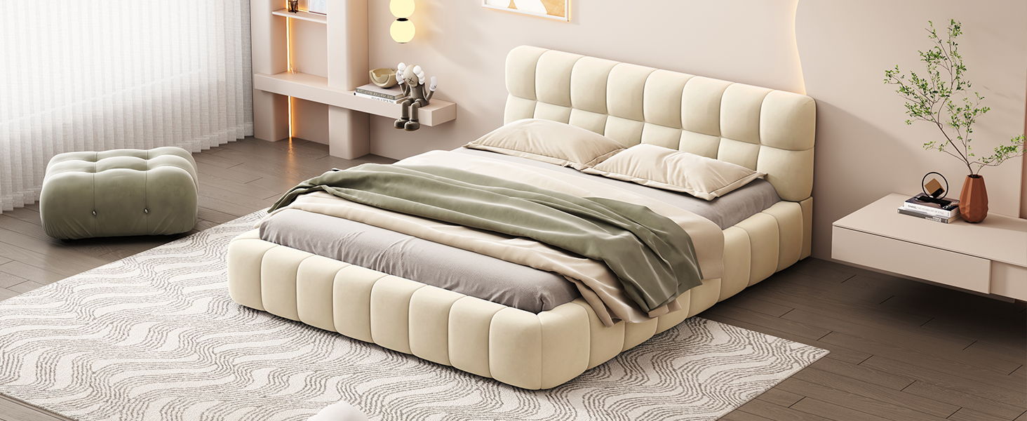 Upholstered Platform Bed With Thick, Grounded Bed With Solid Frame