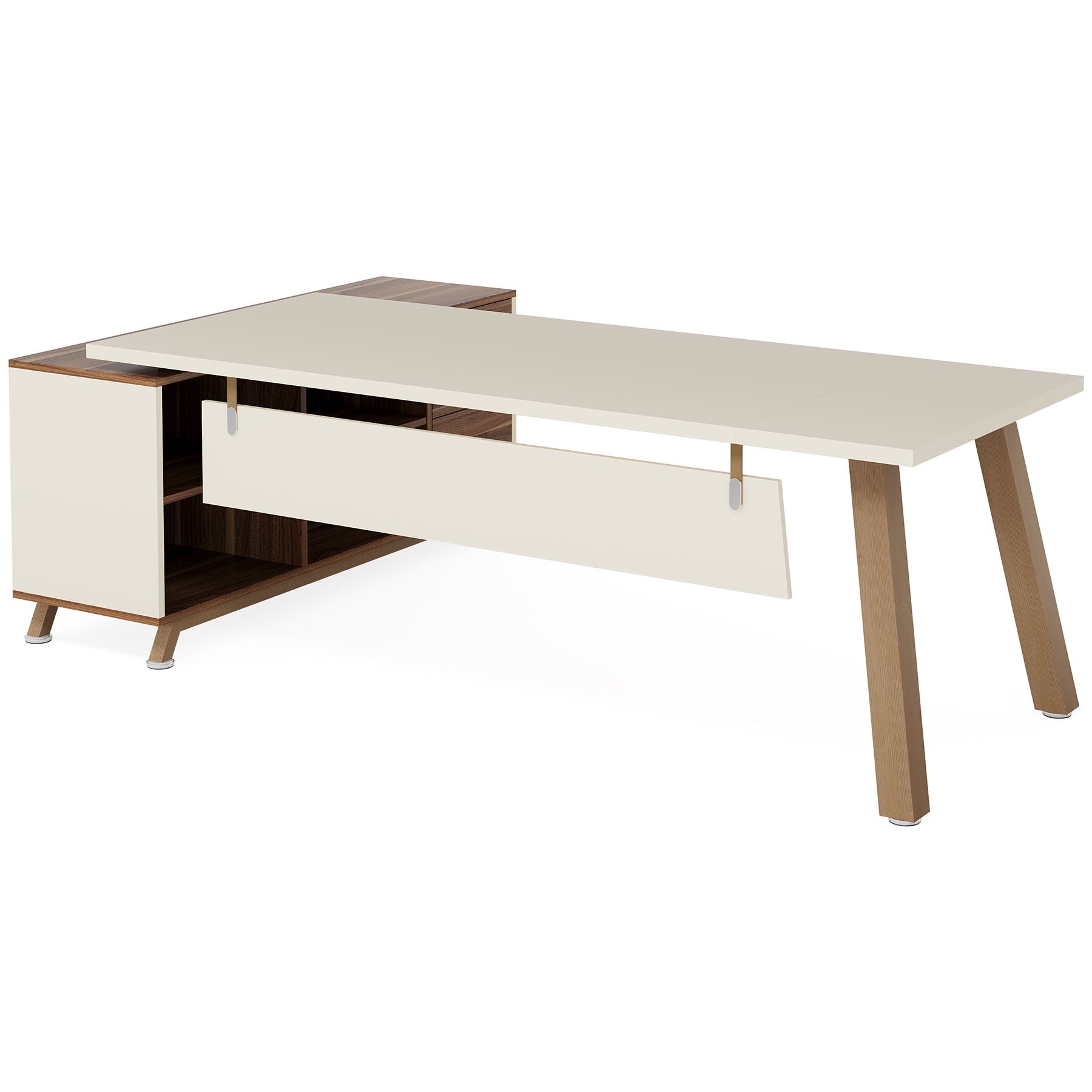 L-Shaped Executive Desk With File Cabinet, Computer Workstation With Drawers And Shelves For Home Office - White / Walnut