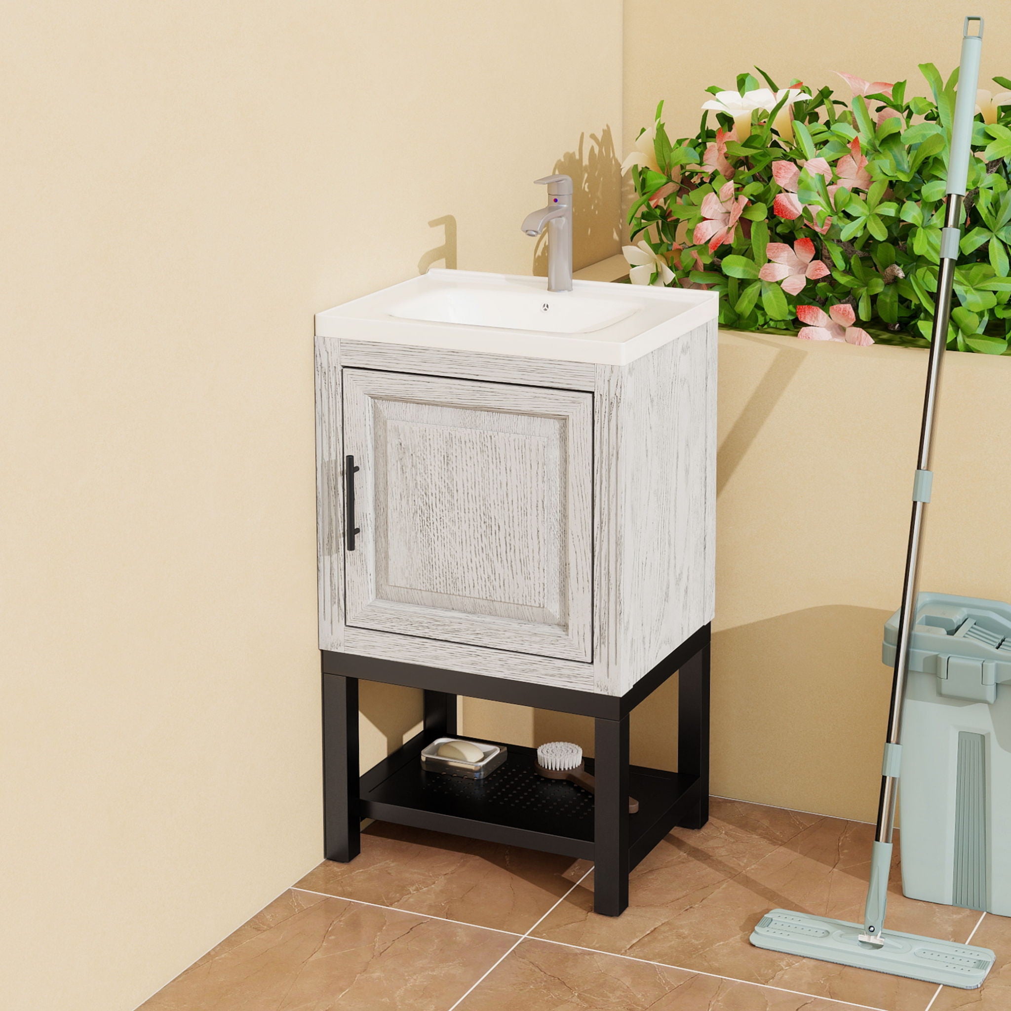 Modern Freestanding Bathroom Vanity With Ceramic Sink, Hot And Cold Faucet, 1 Door Cabinet & Open Shelf