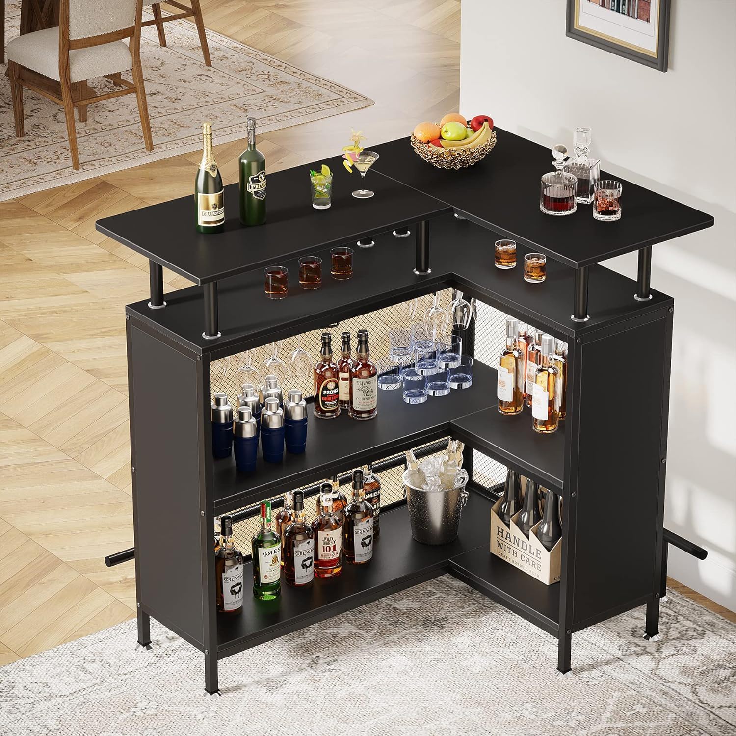 L Shaped Home Mini Bar Table With 2 Tier Shelves & Glass Racks - Black
