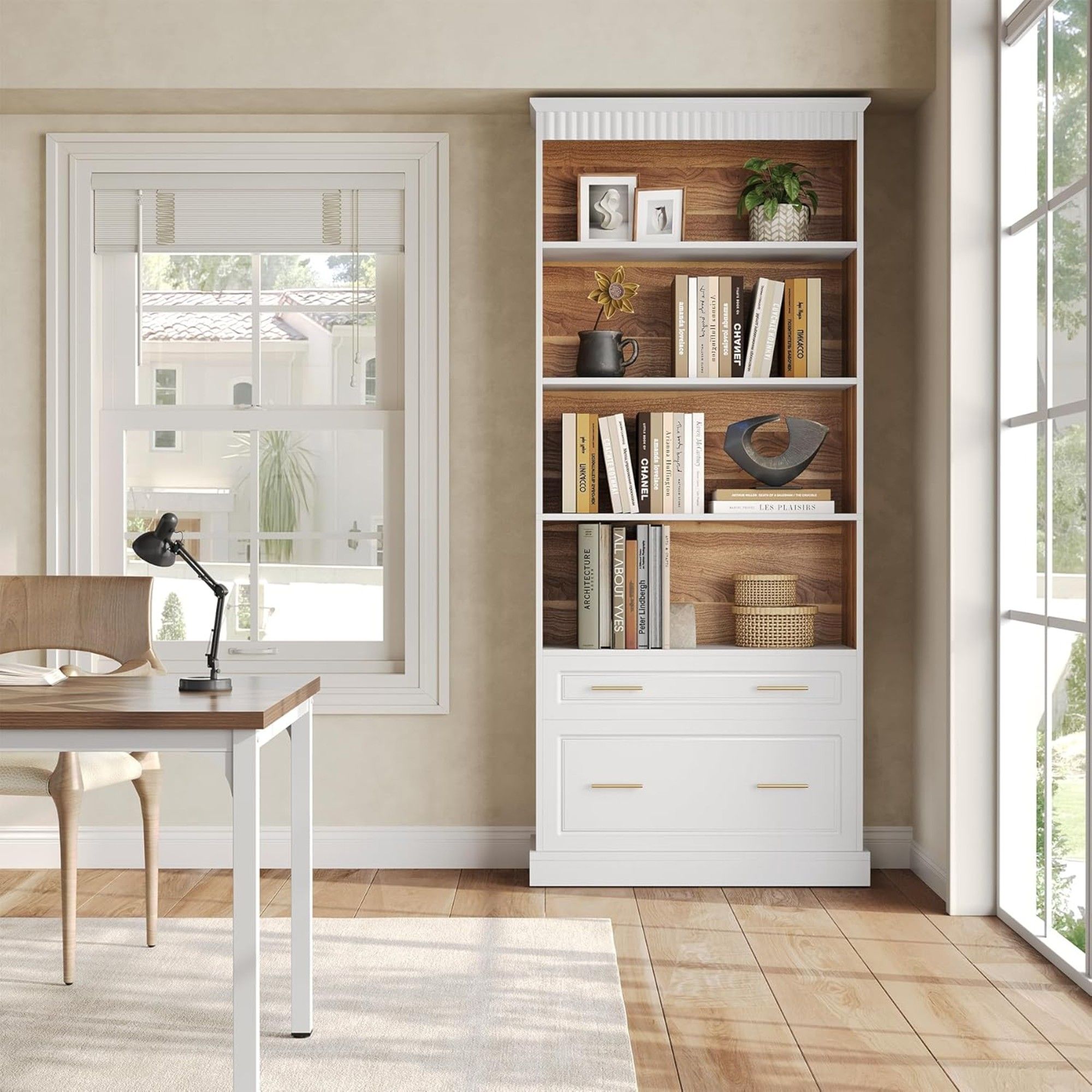 5 Tier White Bookcase With 2 Drawers Storage Organizer For Living Room - White