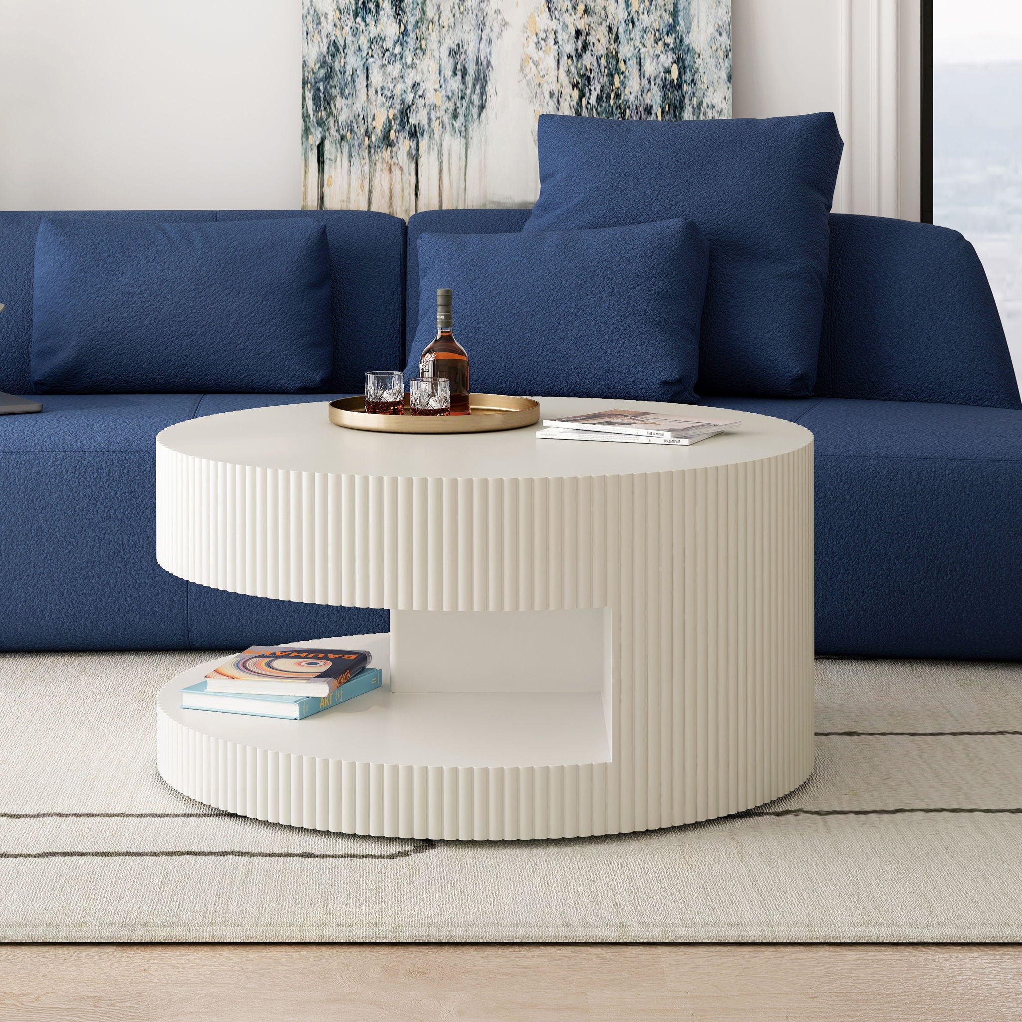 Round Coffee Table With Storage, Vertical Stripe Design