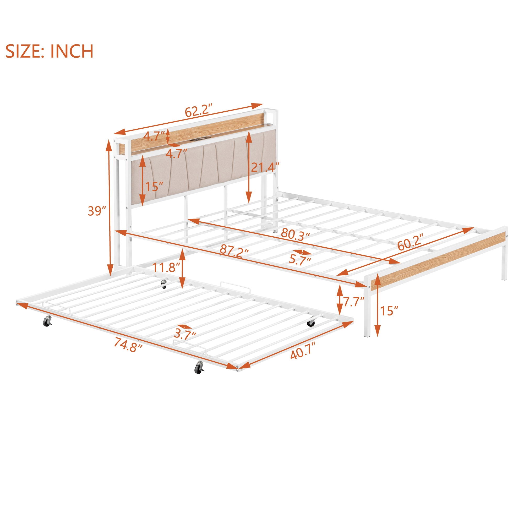 Platform Bed Frame With Trundle, USB Ports And Slat Support, No Box Spring Needed