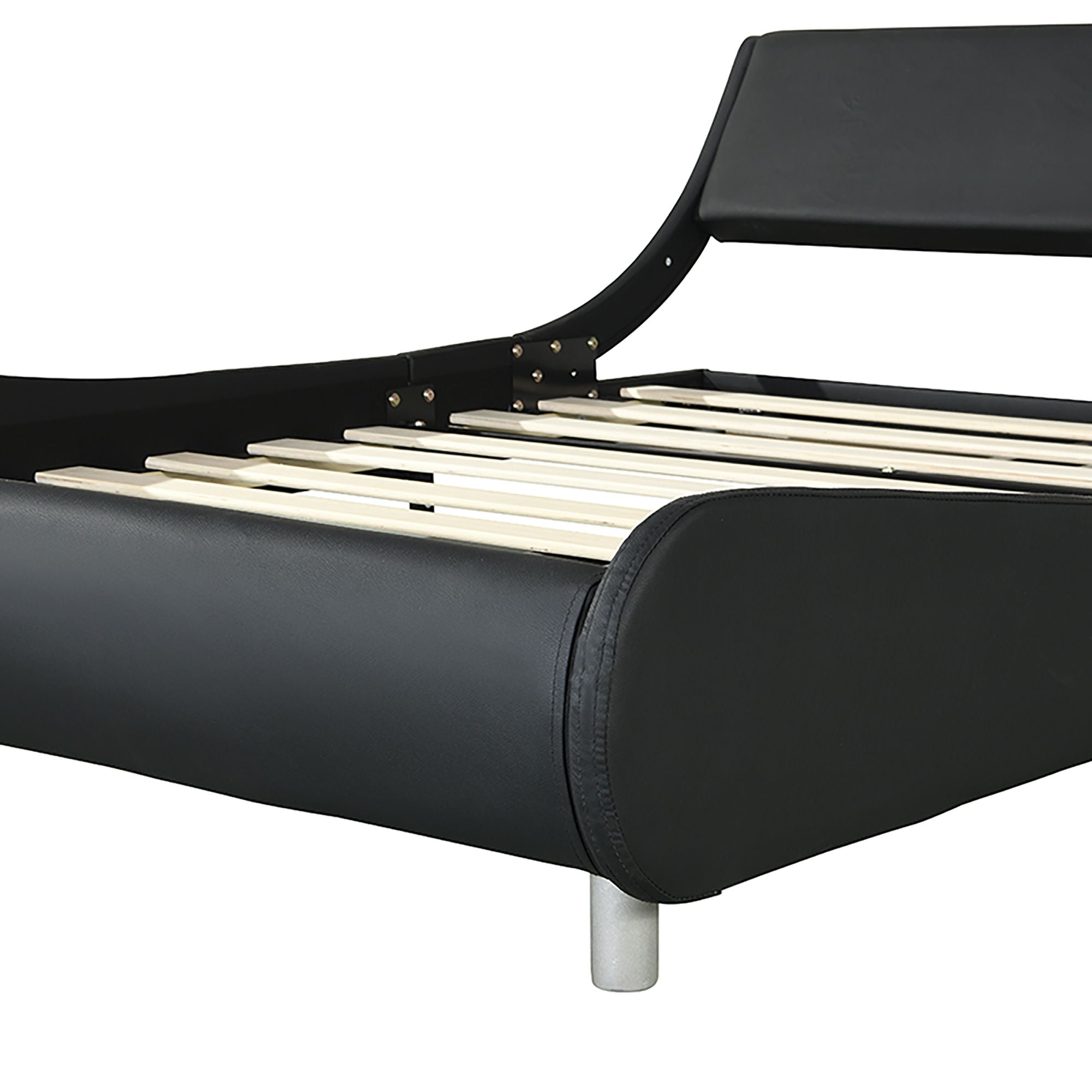 Queen Size Upholstered Platform Bed Frame With LED Lighting, Curve Design, Slat Support, No Box Spring Needed - Black