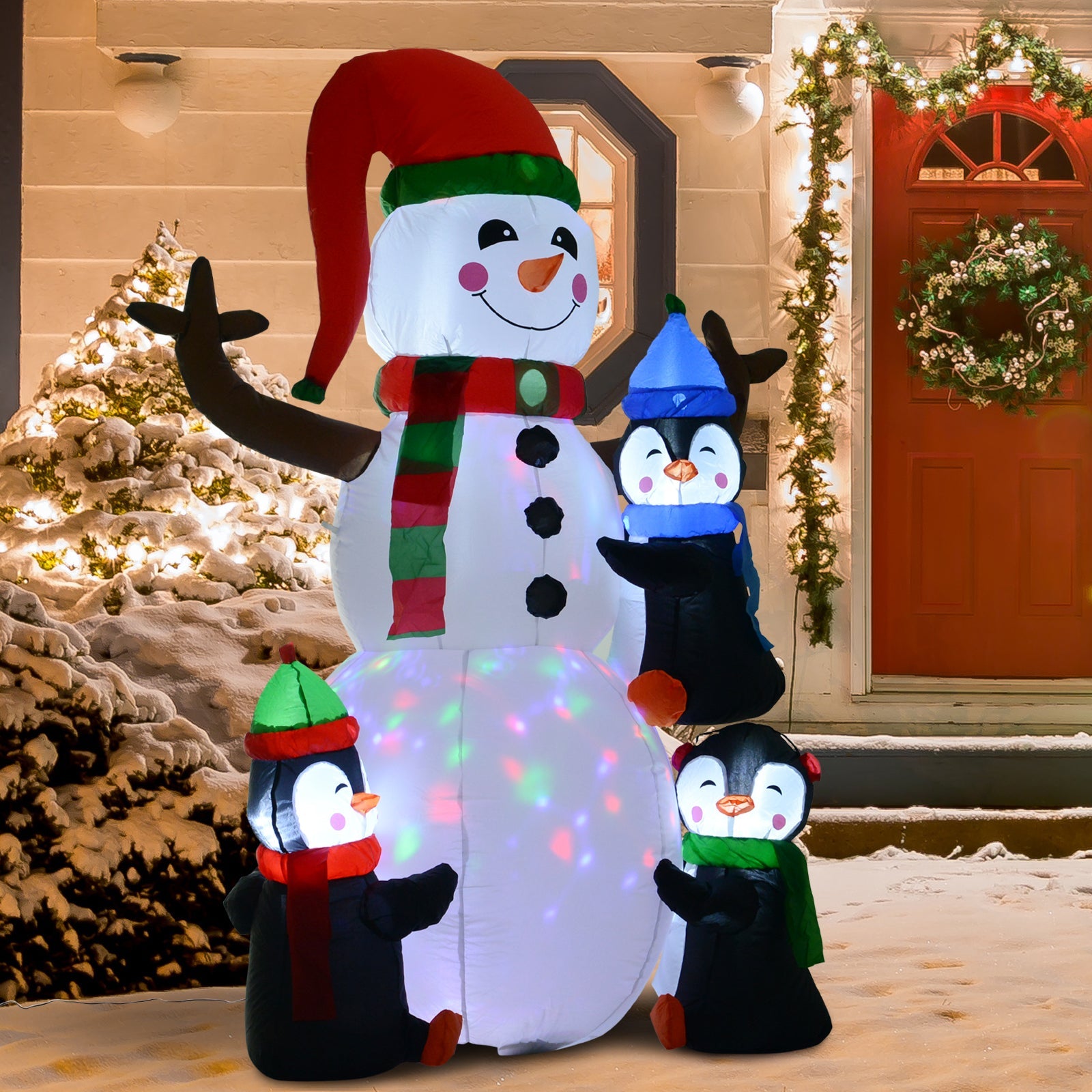 6' Snowman with Penguins, Blow-Up Yard Decor with LED Rotating Colorful Light-Christmas Inflatables Outdoor Decorations