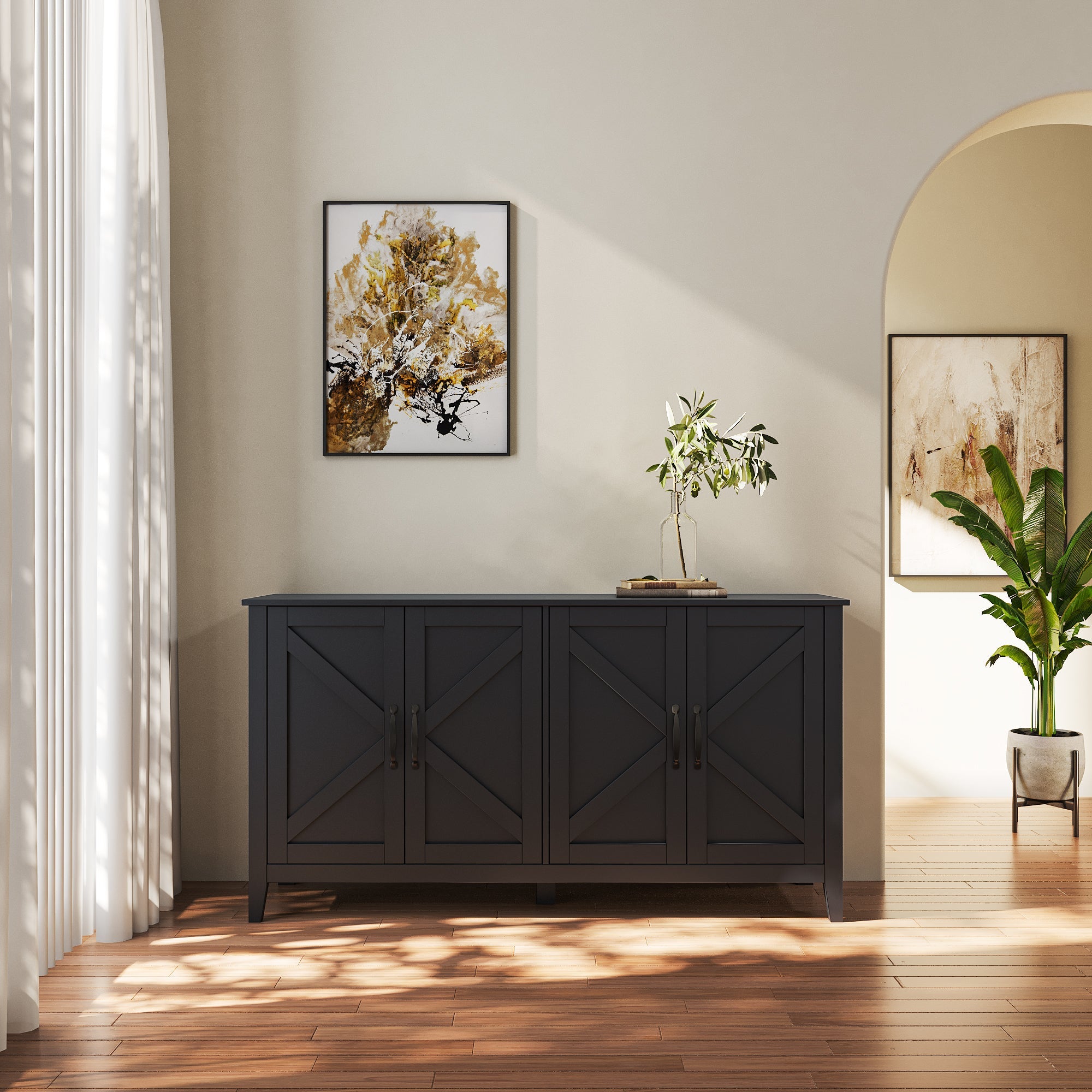Cabinet with 4 Doors and 4 open shelves, Freestanding Sideboard