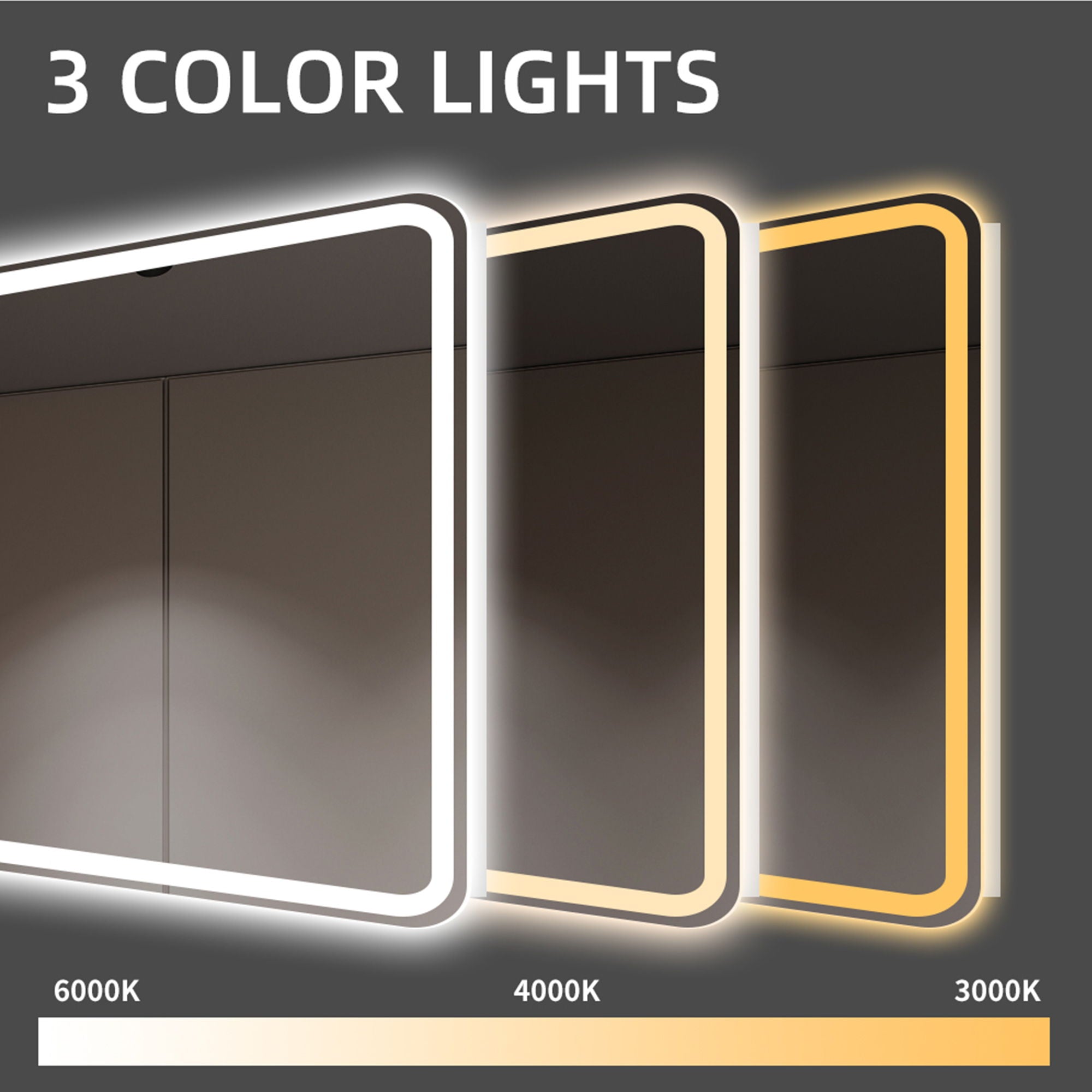 LED Bathroom Mirror, Anti Explosion Glass, Rust Resistant, Anti Fog, Tri Color