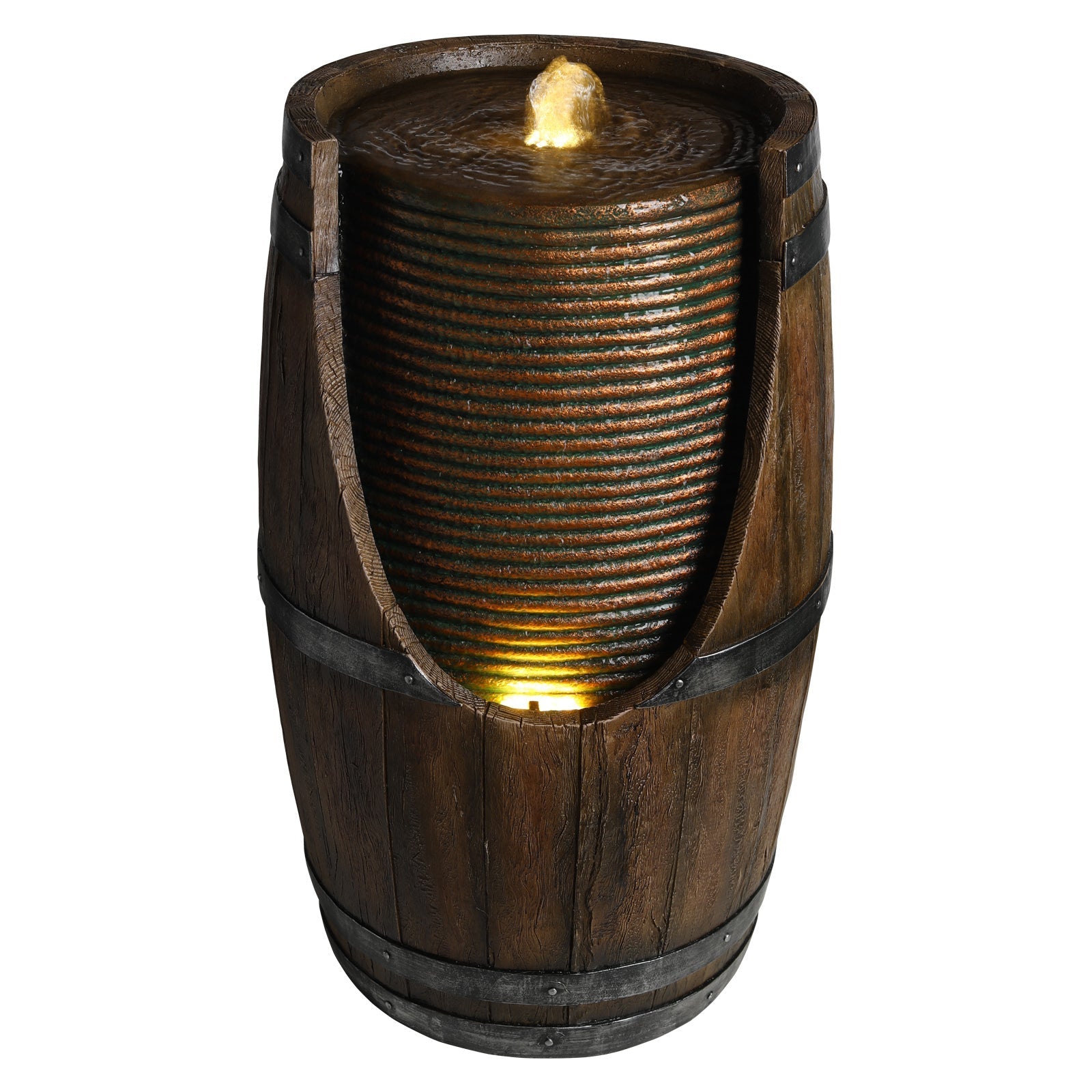 Outdoor Barrel Water Fountain with Lights Rustic Wood Look Resin