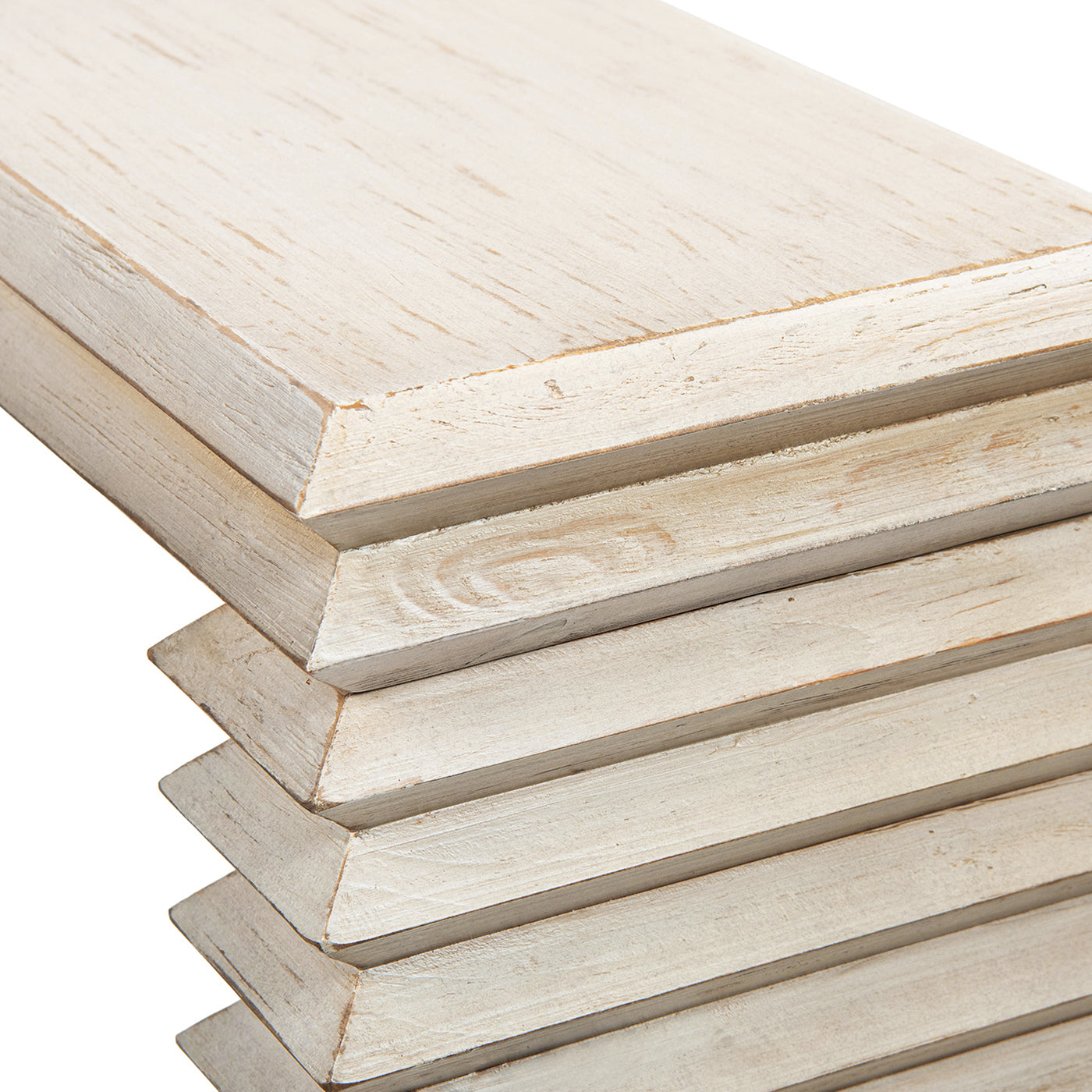Veda 63' Reclaimed Wood Stacked Geometric Waterfall Console Table, Whitewashed Natural Reclaimed Pine Wood