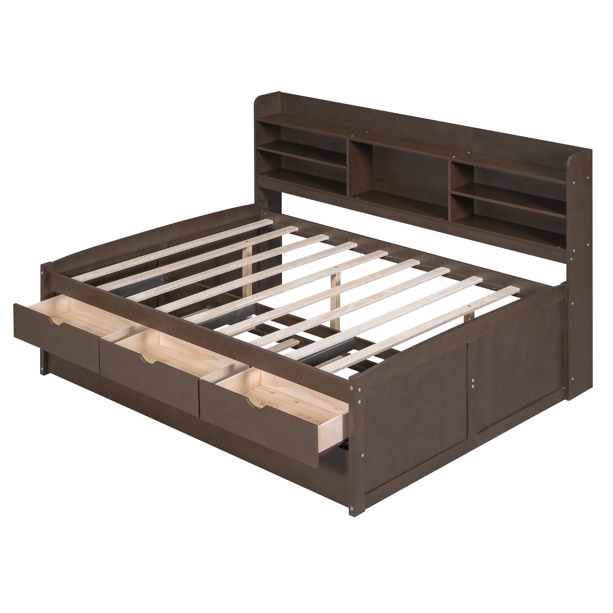 Captain Bed With Built In Bookshelves, 3 Storage Drawers, And Trundle