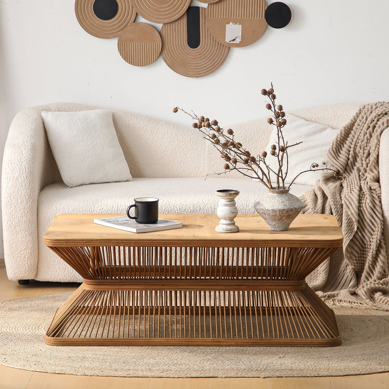 Mid-Century Modern Coffee Table with Woven Bamboo Base