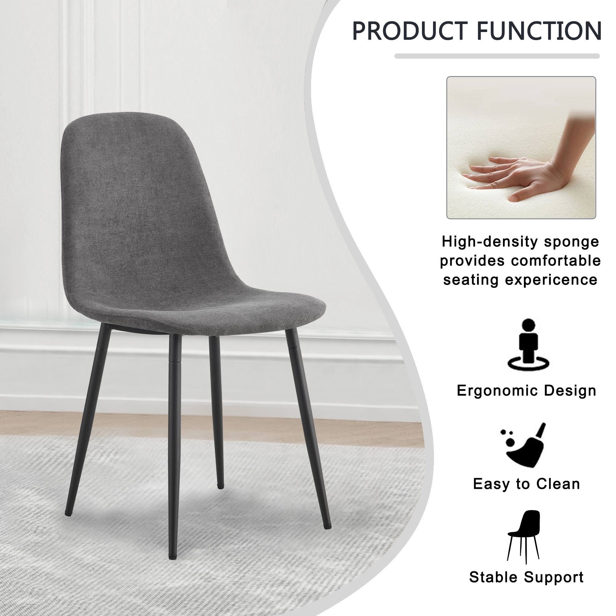Modern Medieval Style Cushioned Side Chairs Set With Black Metal Legs For Kitchens