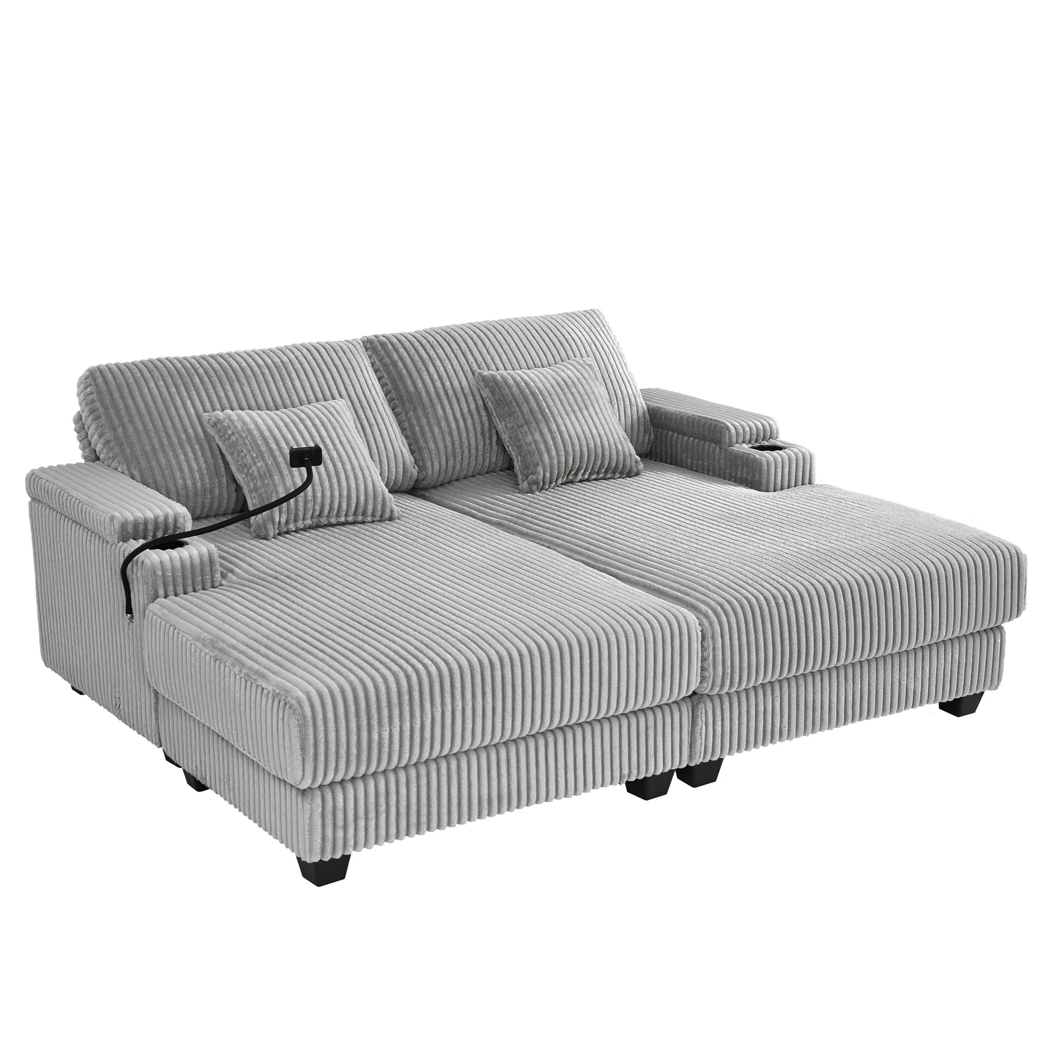 Modern Chaise Sofa With Adjustable Backrest, Cup Holders, Phone Holder & Storage Compartments For Living Room