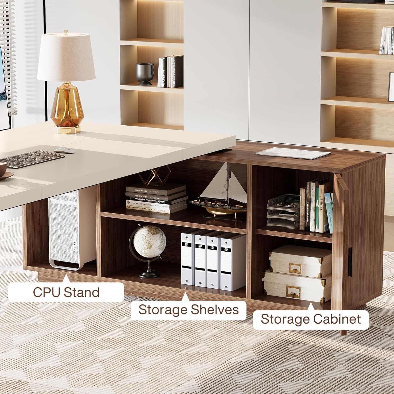 L-Shaped Executive Desk With Storage Cabinet, Home Office Workstation With Shelves - White / Walnut