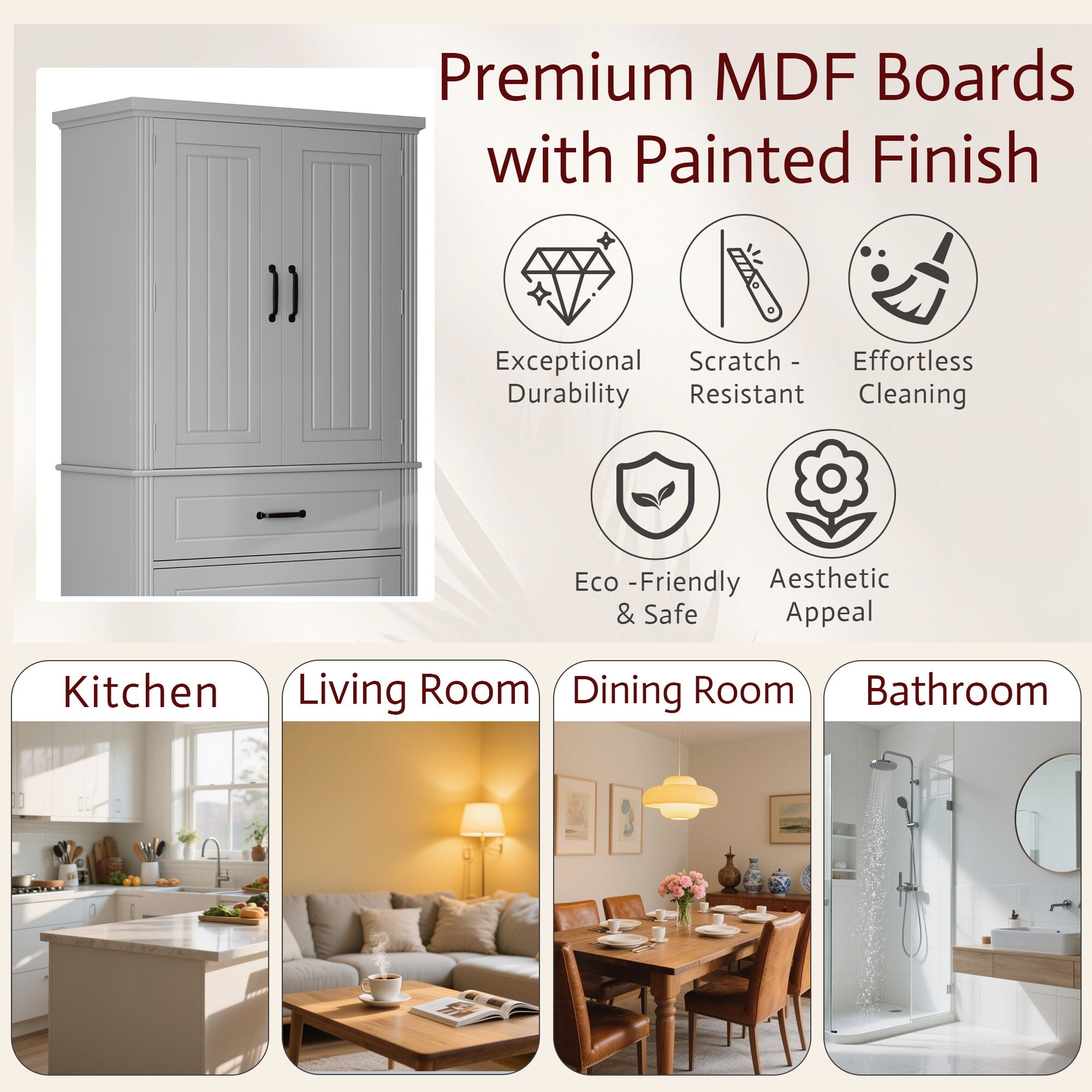 Multi Functional Storage Cabinet With Adjustable Shelves, 2 Drawers, Door Shelves