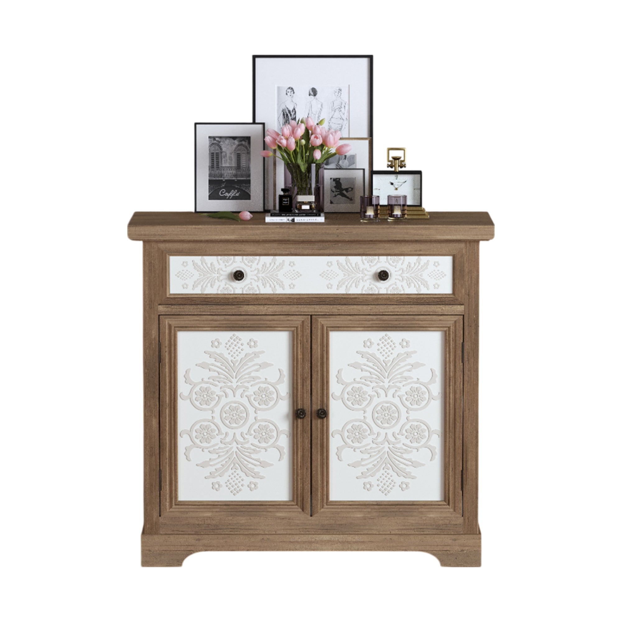 Rustic Vintage Accent Cabinet with Carved Floral Panels