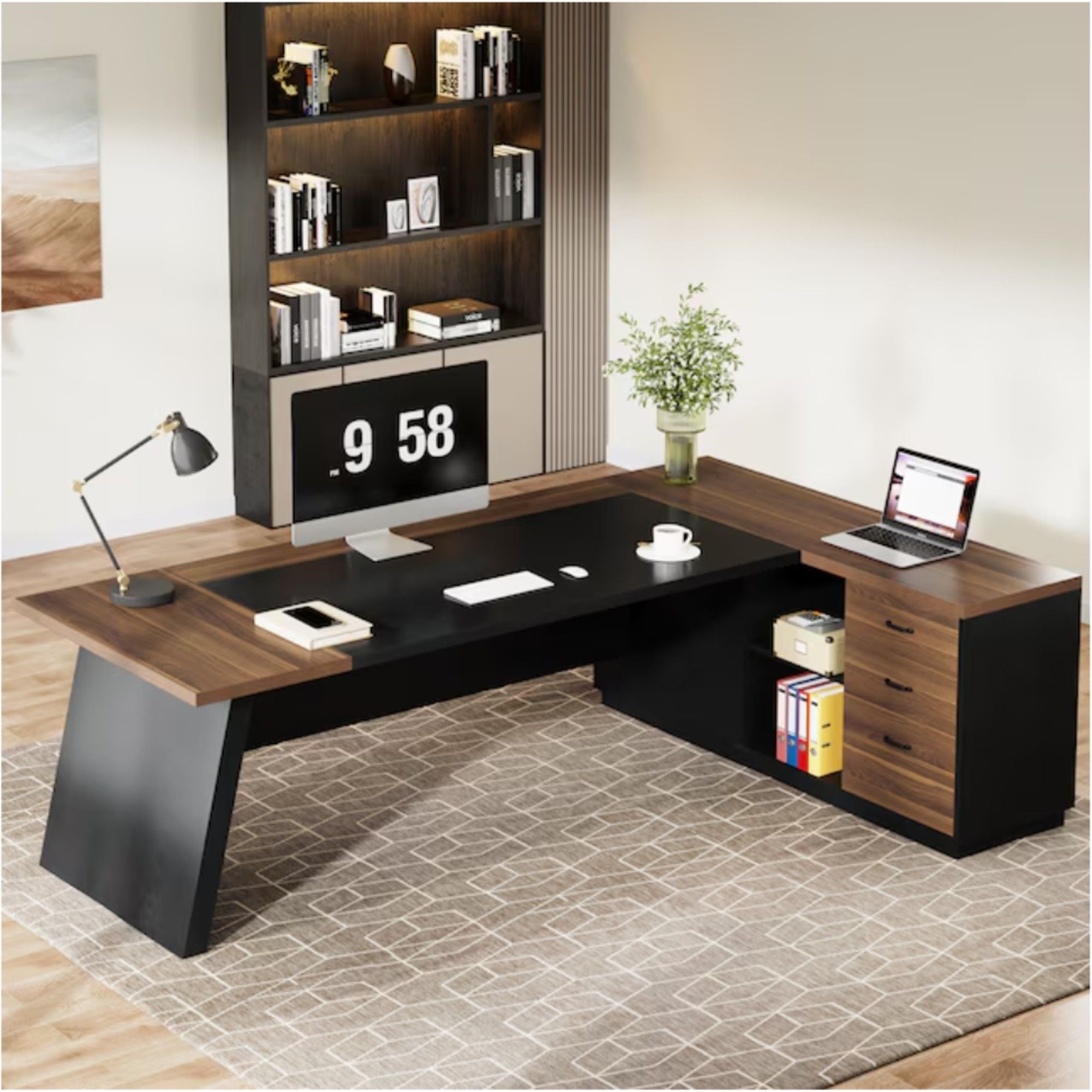 L-Shaped Executive Desk With File Cabinet & Drawers, Large Home Office Computer Workstation